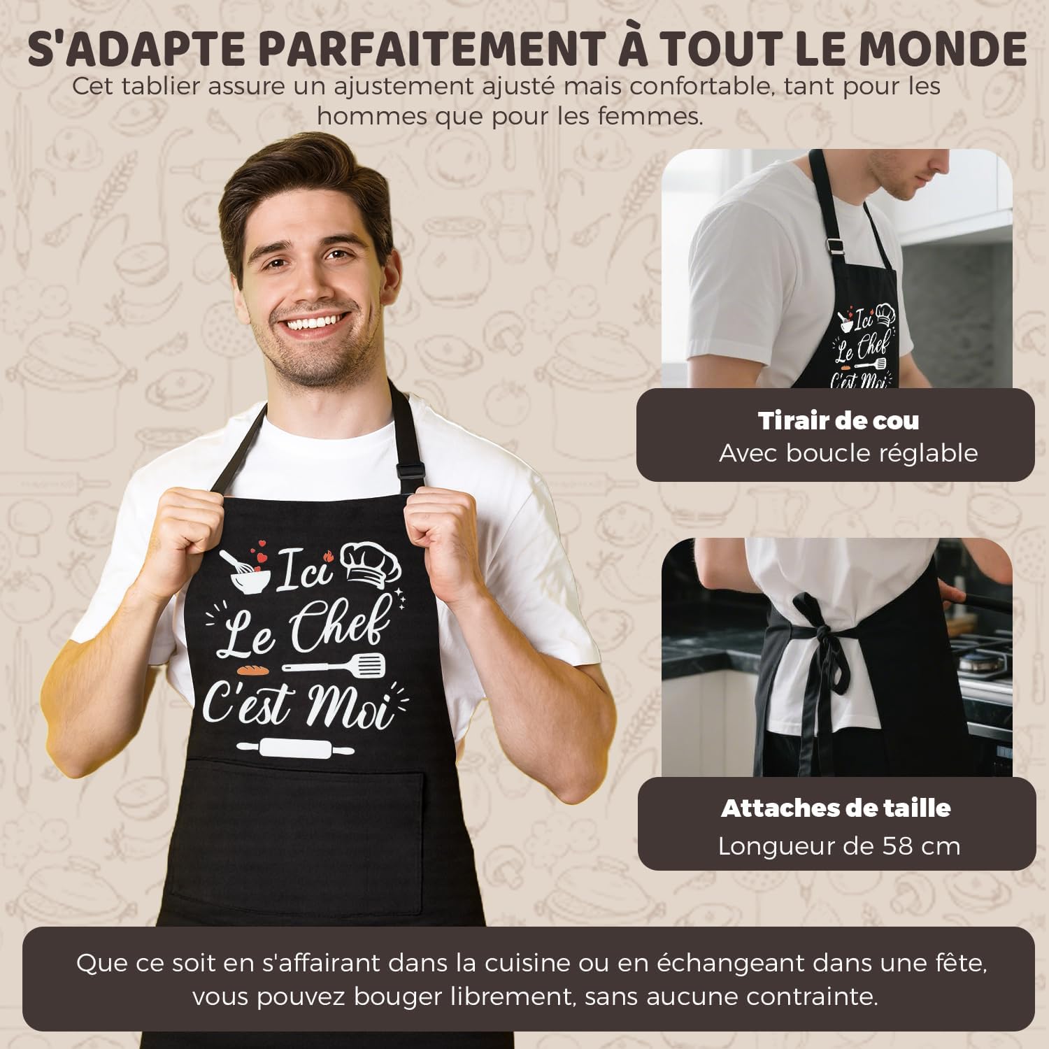 Tablier cuisine homme - humour imperméable réglable - poches pratiques