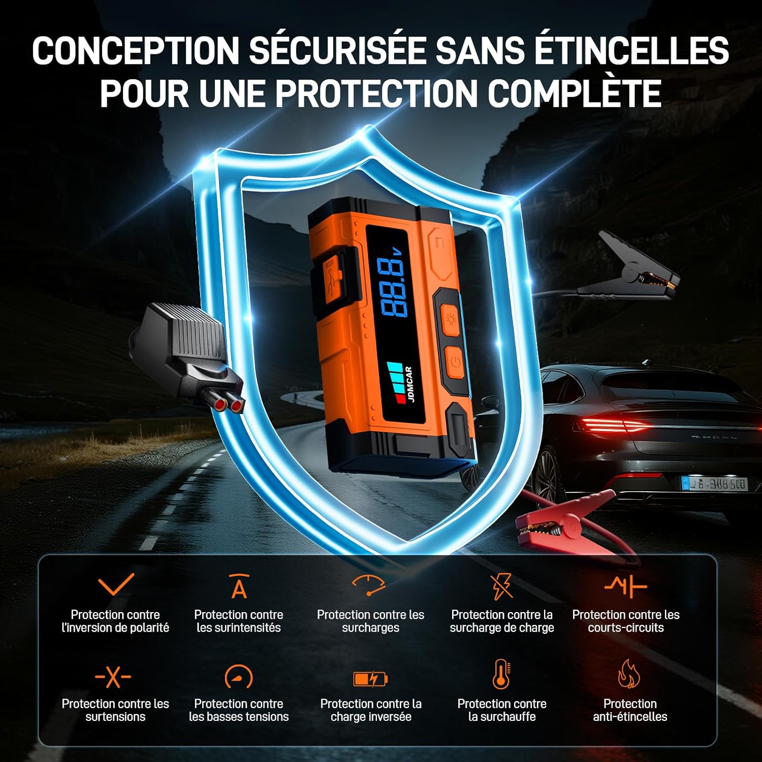 JDMCAR - Booster batterie série 8000A - 14.8V - 9L essence/8.5L diesel, pinces intelligentes, LED, protections multiples