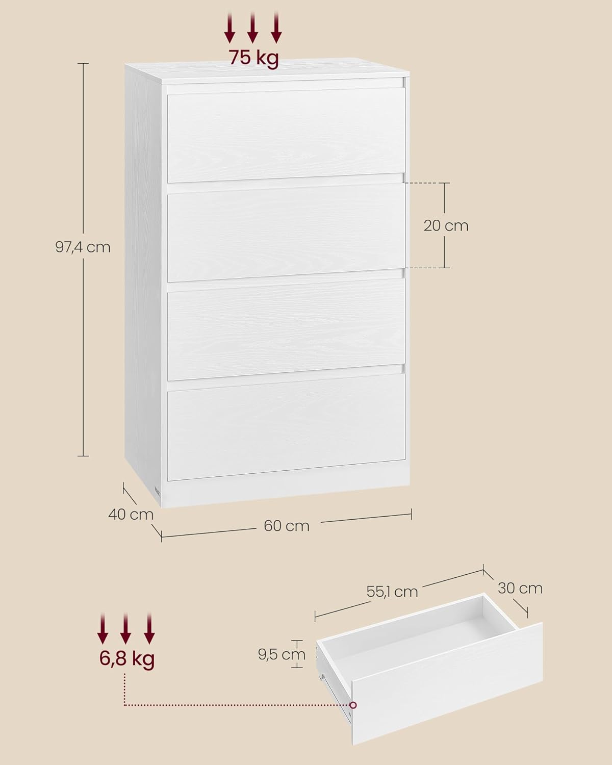 VASAGLE - Kailyn Collection - 40x60x97,4 cm - commode 4 tiroirs moderne blanche - LTS614WE02