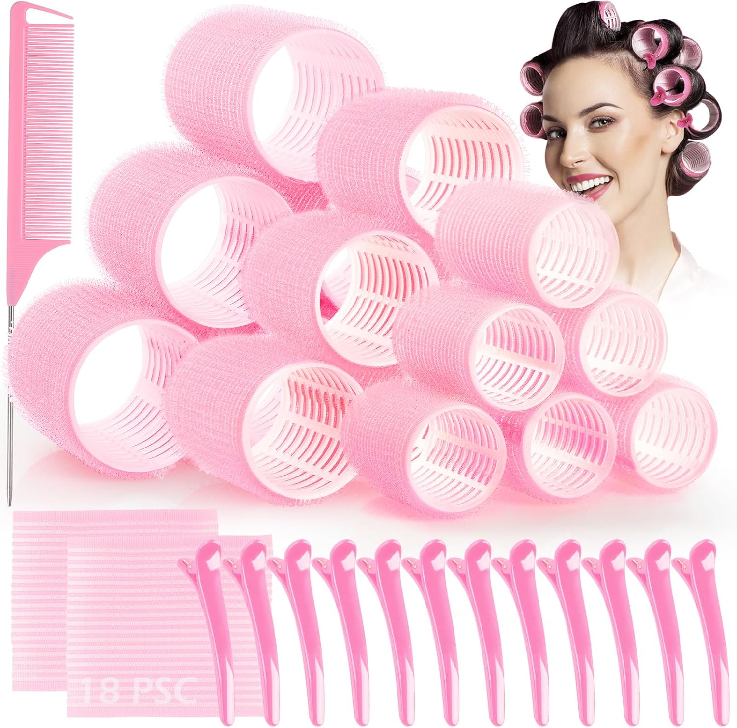 GeeRic - bigoudis auto-agrippants - lot de 33 - sans chaleur, pinces, peigne, rose