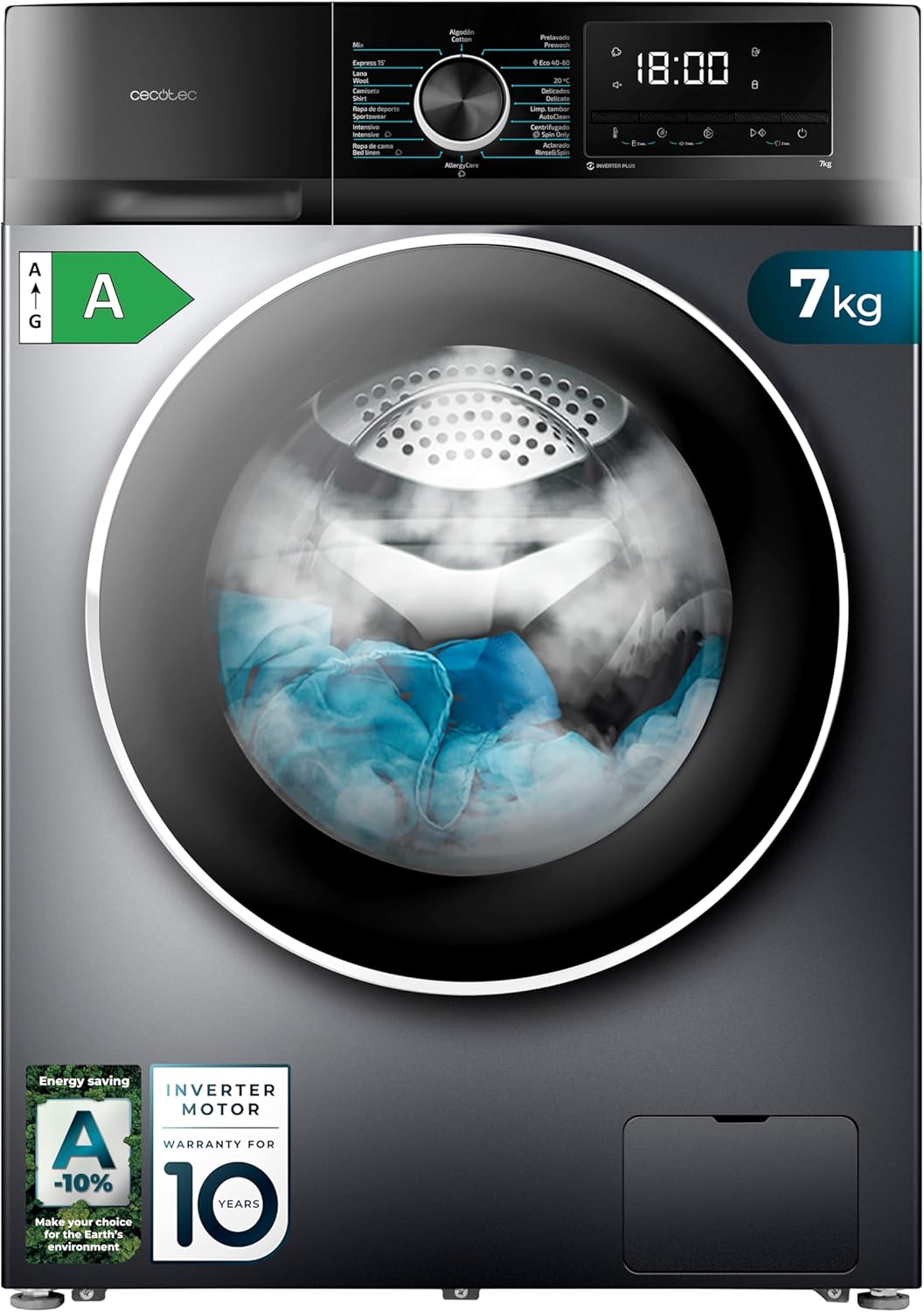 Cecotec - Bolero Dresscode 7500 Inverter - 7kg - Classe A, 1400tr/min, Steam Max, 16 programmes