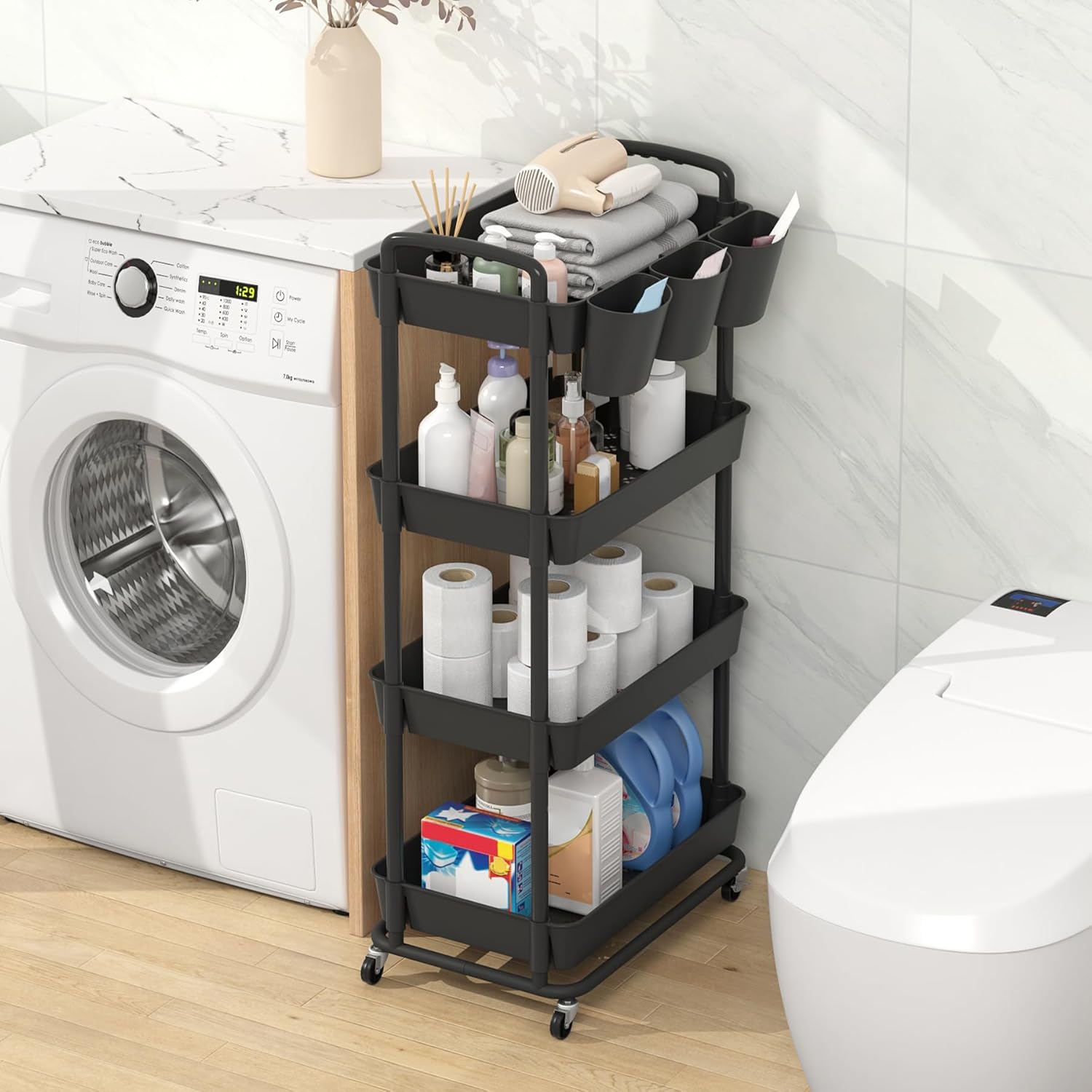 JIUYOTREE - Chariot de rangement 4 niveaux - Noir - roulettes verrouillables, poignées, gobelets suspendus