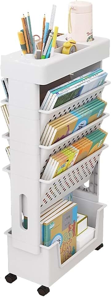 Étagère de bureau mobile - 5 niveaux - roulettes - rangement fin, organisateur porte-revues - pour classe, maison, cuisi