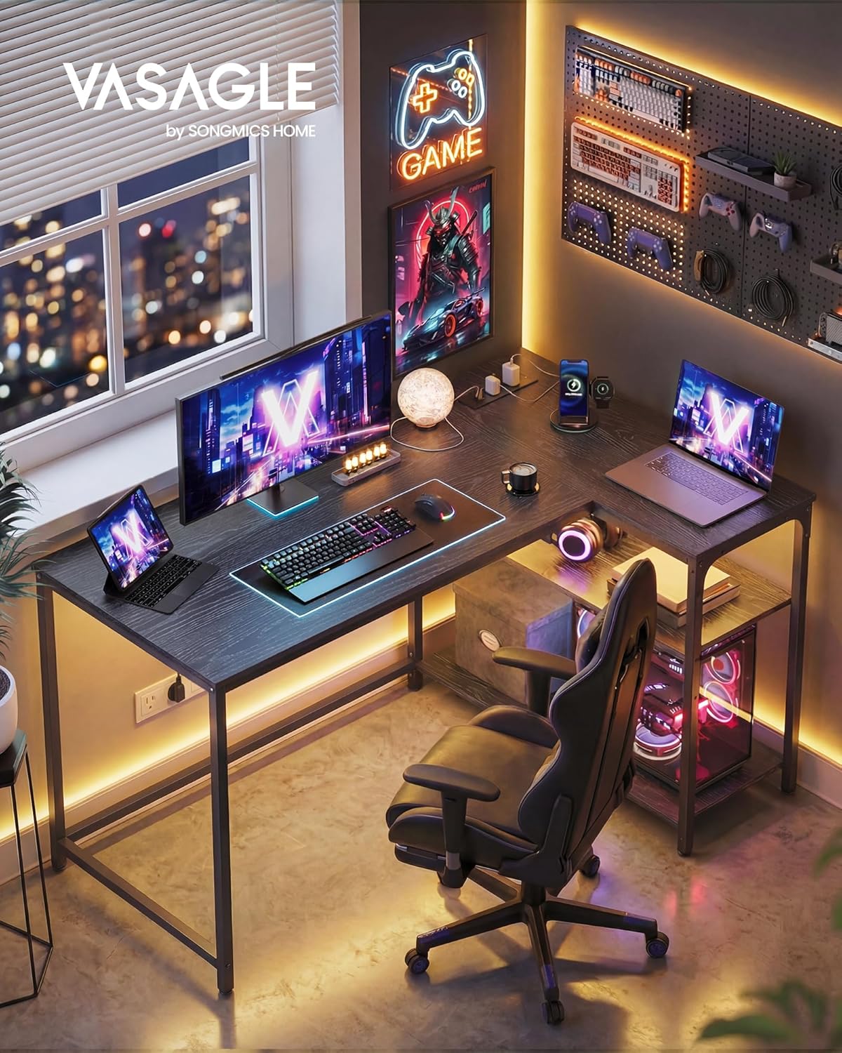 VASAGLE - Bureau L Gaming - 120x80 cm - rangement, prises USB - LWD132BE01