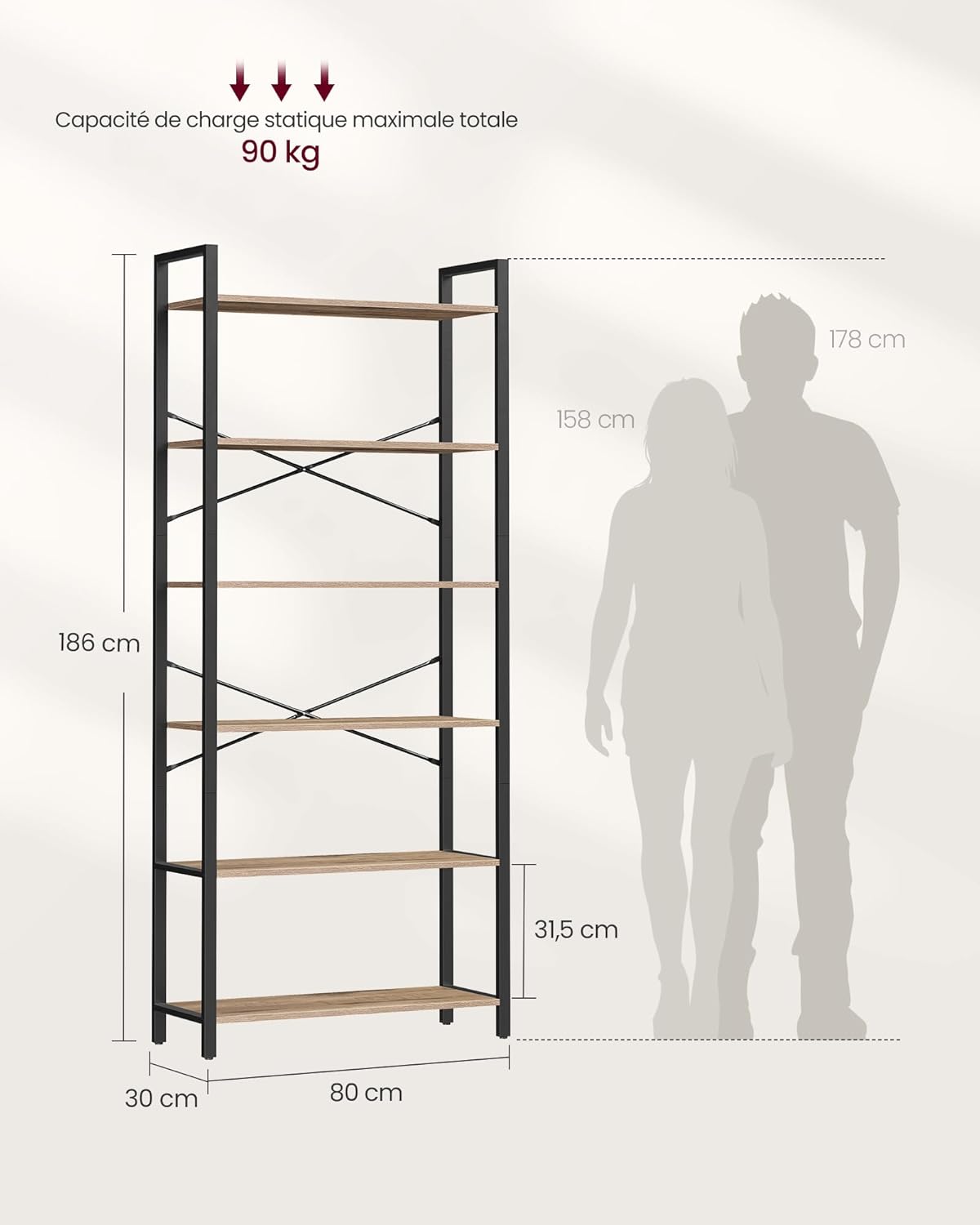 VASAGLE - étagère 6 niveaux - 30x80x186 cm - industriel, marron/noir - LLS082B50