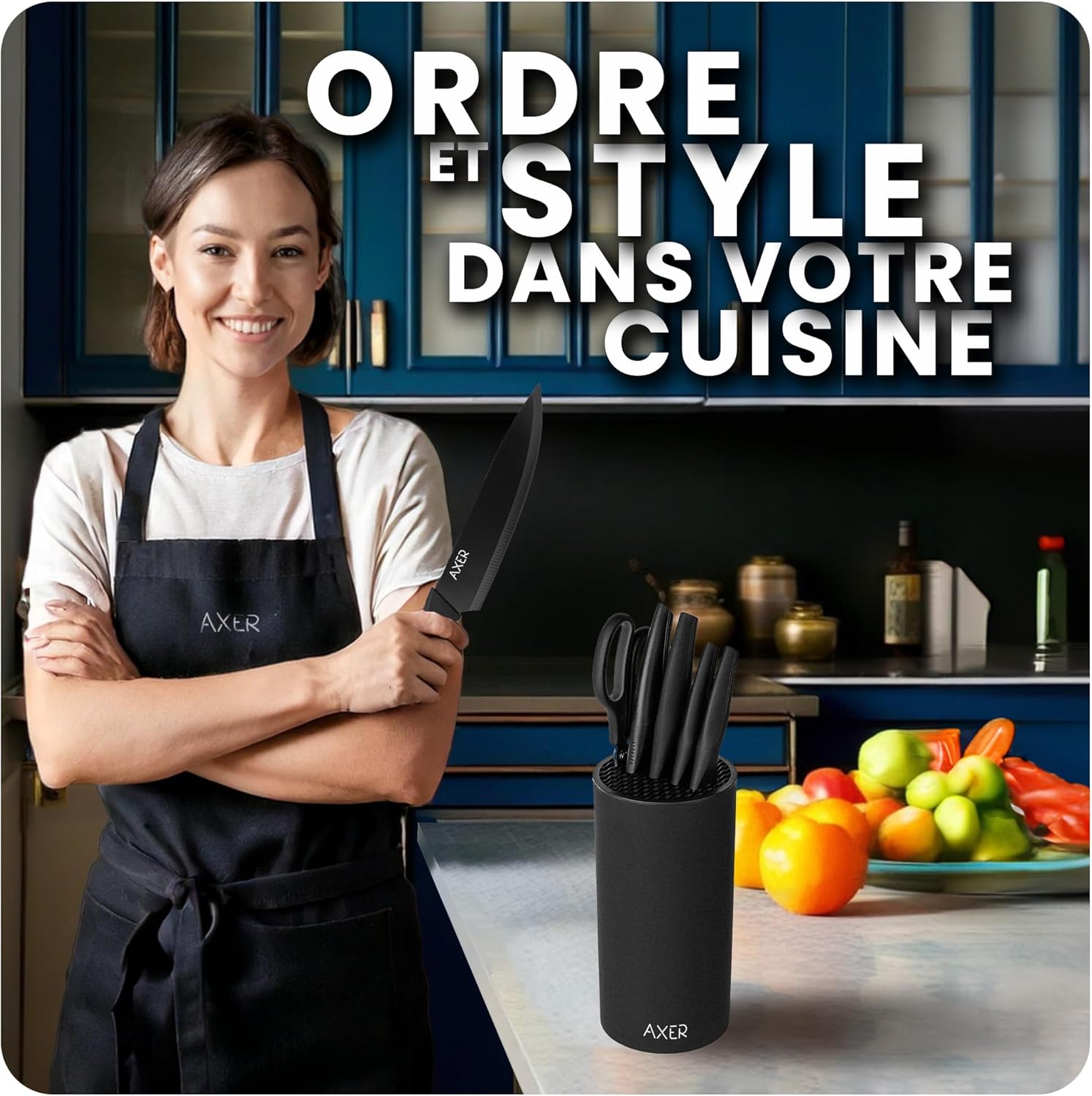Porte couteaux cuisine vide noir - grand format - range plus de 8 couteaux