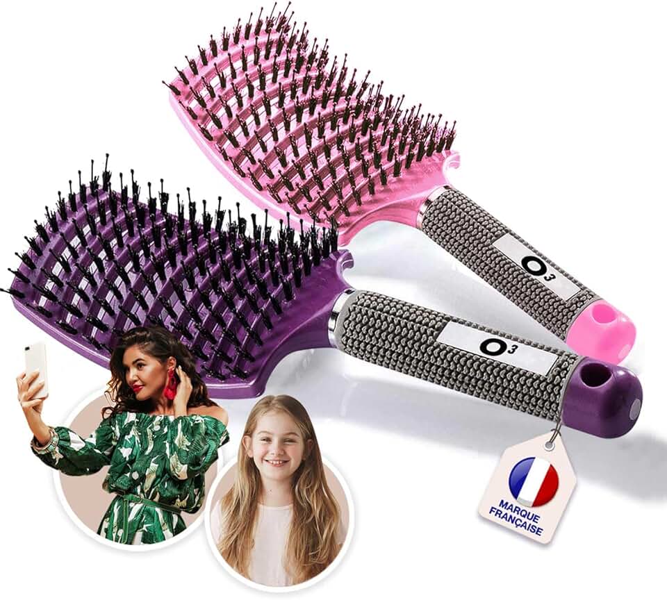 Brosse à cheveux - set 2 pièces - poils de sanglier, rose/violette, démêlage naturel sans larmes