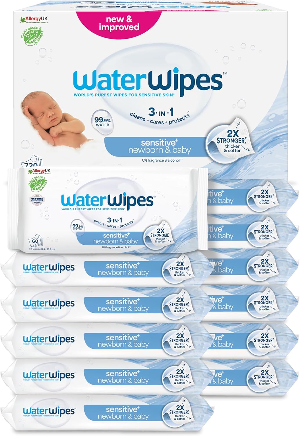 WaterWipes - Sensitive+ - 12x60 lingettes - 99,9% eau, non parfumées, 3-en-1