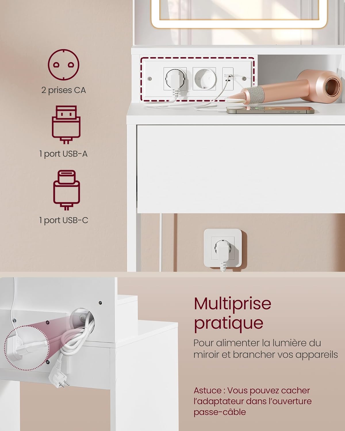 VASAGLE - Coiffeuse Kailyn, blanc, LED, multiprise, étagères, RDT138W01