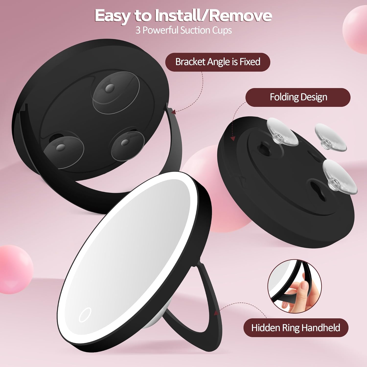 Miroir grossissant - 30x, ventouse, éclairage LED, intensité variable, noir