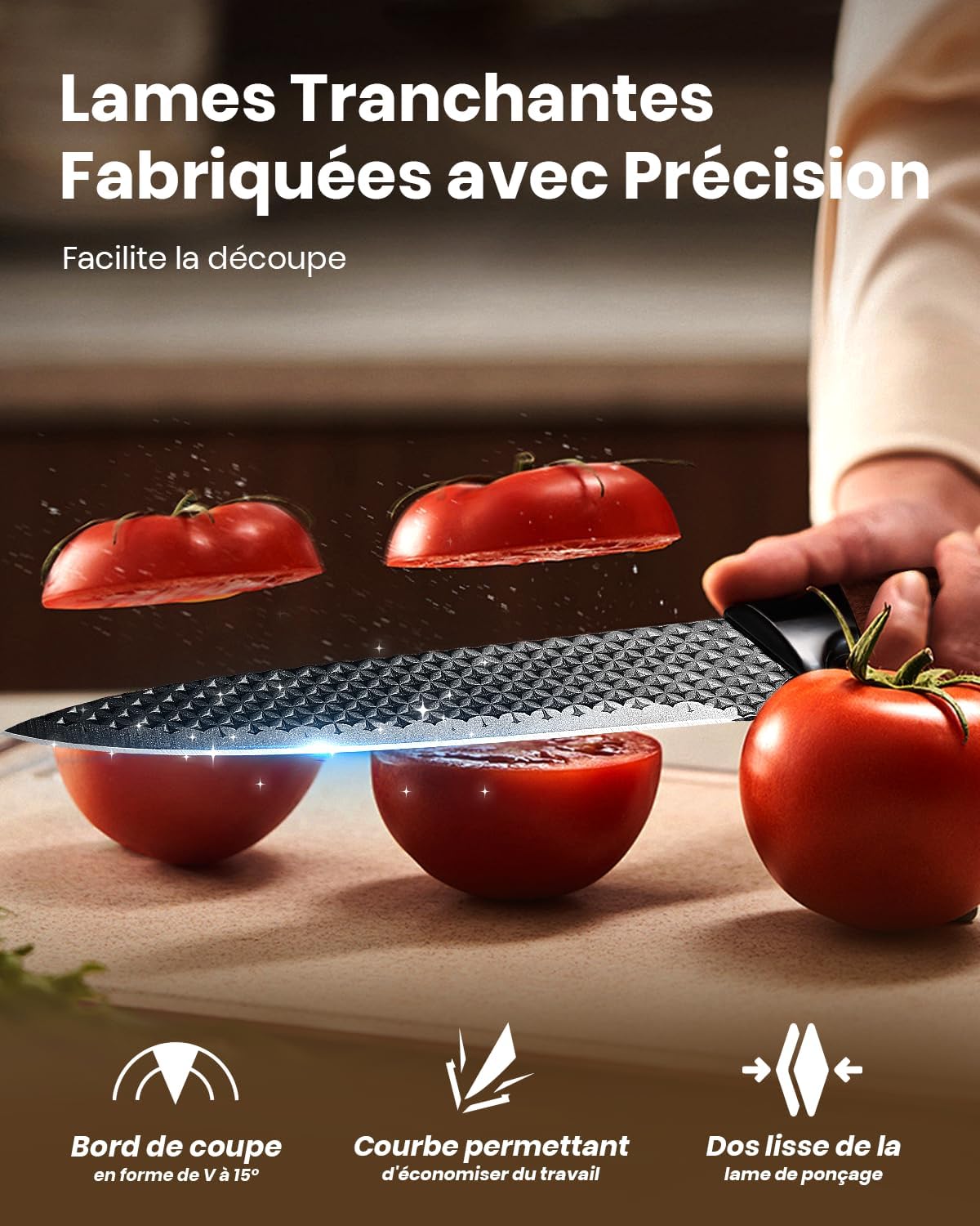Couteaux de cuisine - set 7 pièces, acier inox, manches ergonomiques, bloc inclus