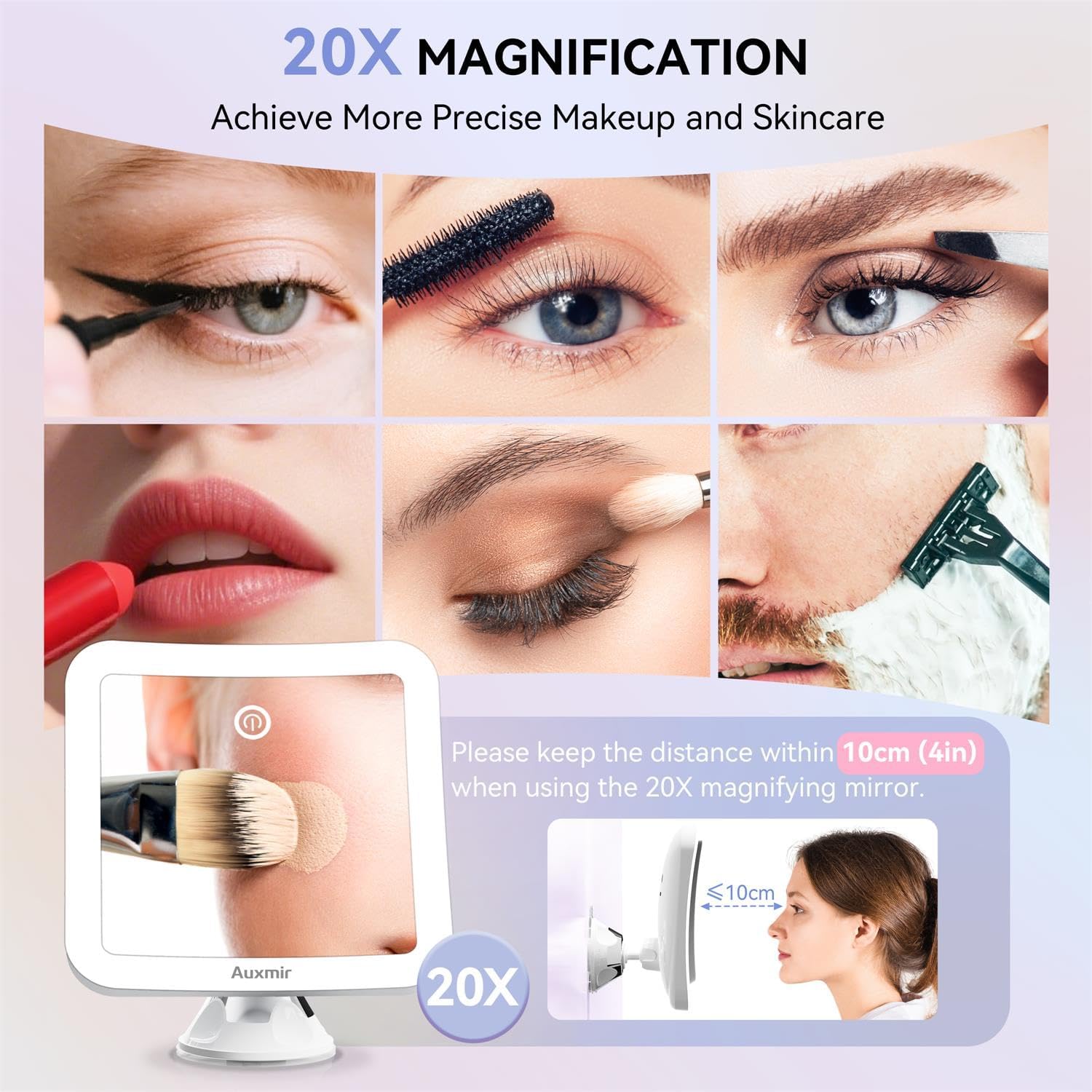 Auxmir - Miroir grossissant 20X - diamètre 15 cm - 40 LED, 3 modes, ventouse 360°, 2000mAh rechargeable