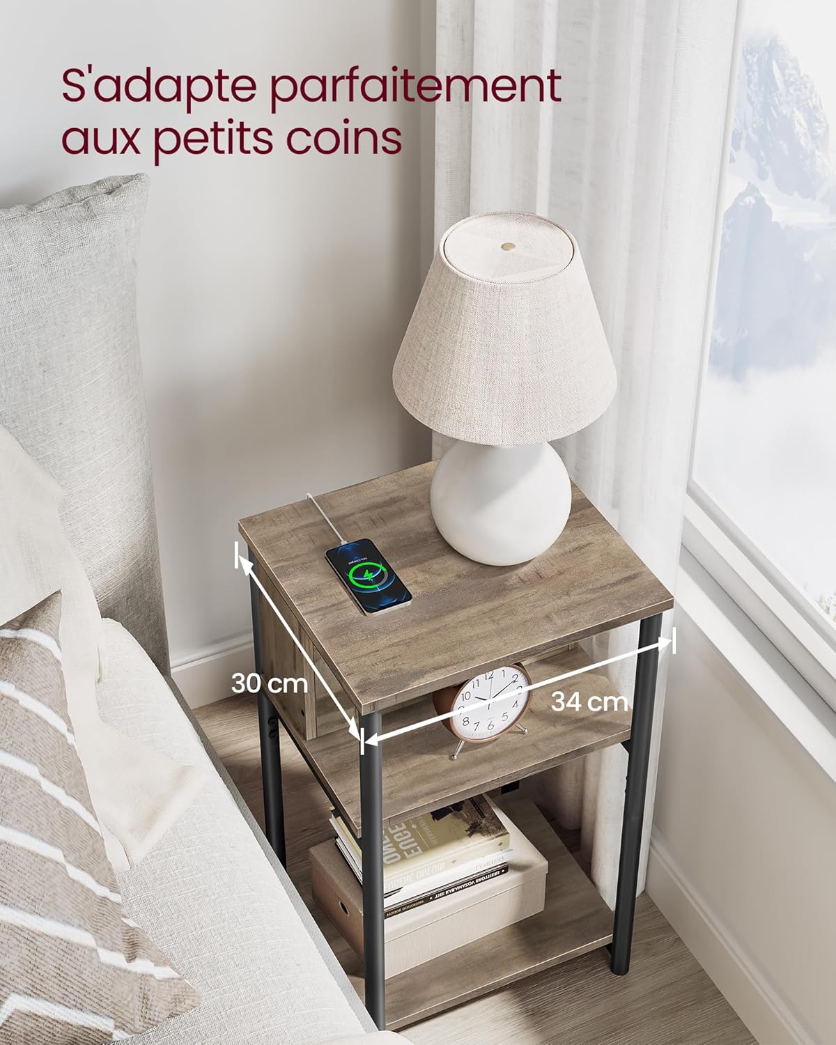 VASAGLE - Table d'appoint LET375K01 - 30x34x58cm - multiprise, 2 USB, 2 CA, marron-noir LET375K01