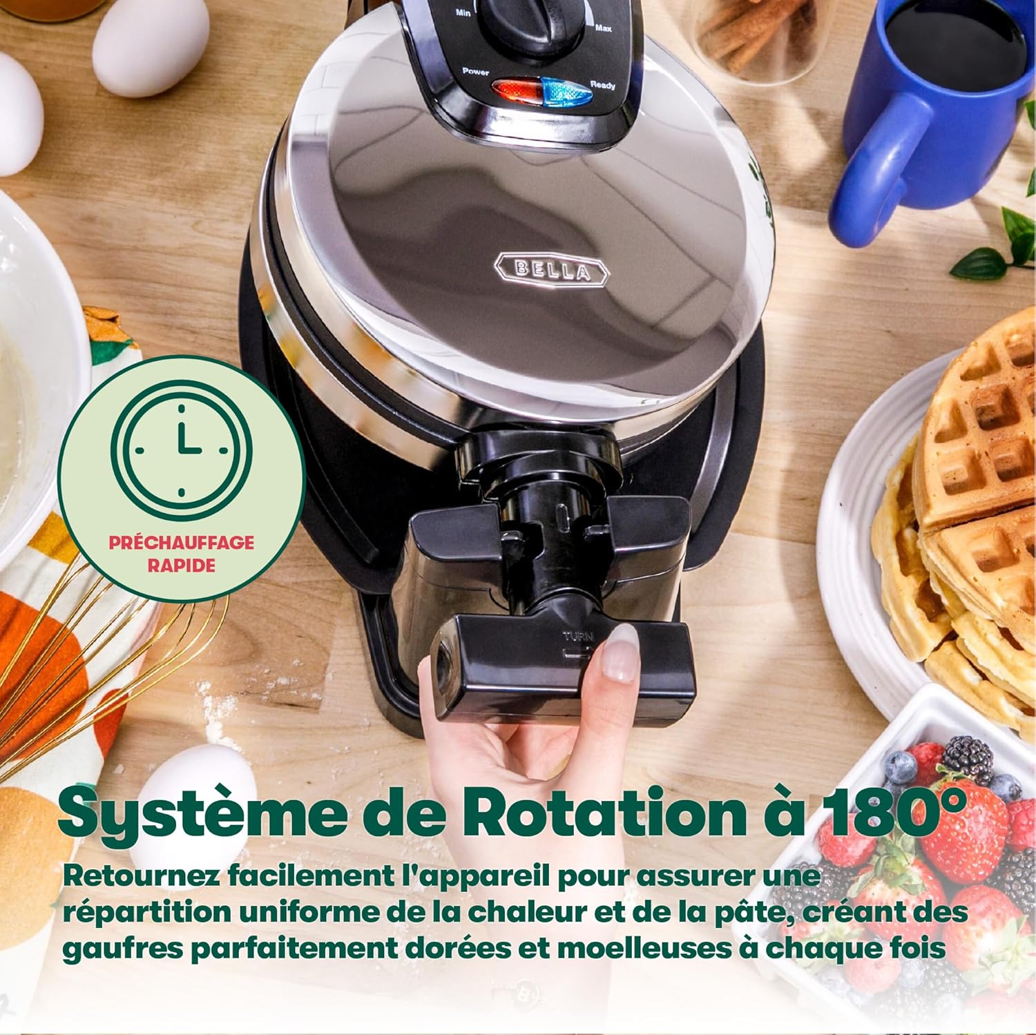 Bella - Gaufrier rotatif inox, plaques antiadhésives, réglage brunissage