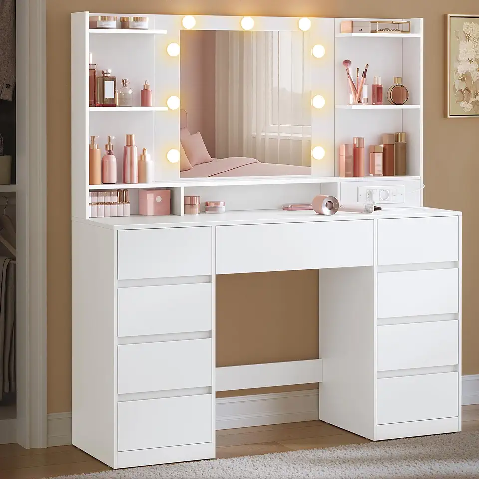 VASAGLE - Kailyn Collection - coiffeuse LED, 9 tiroirs, blanc, RDT141WB02