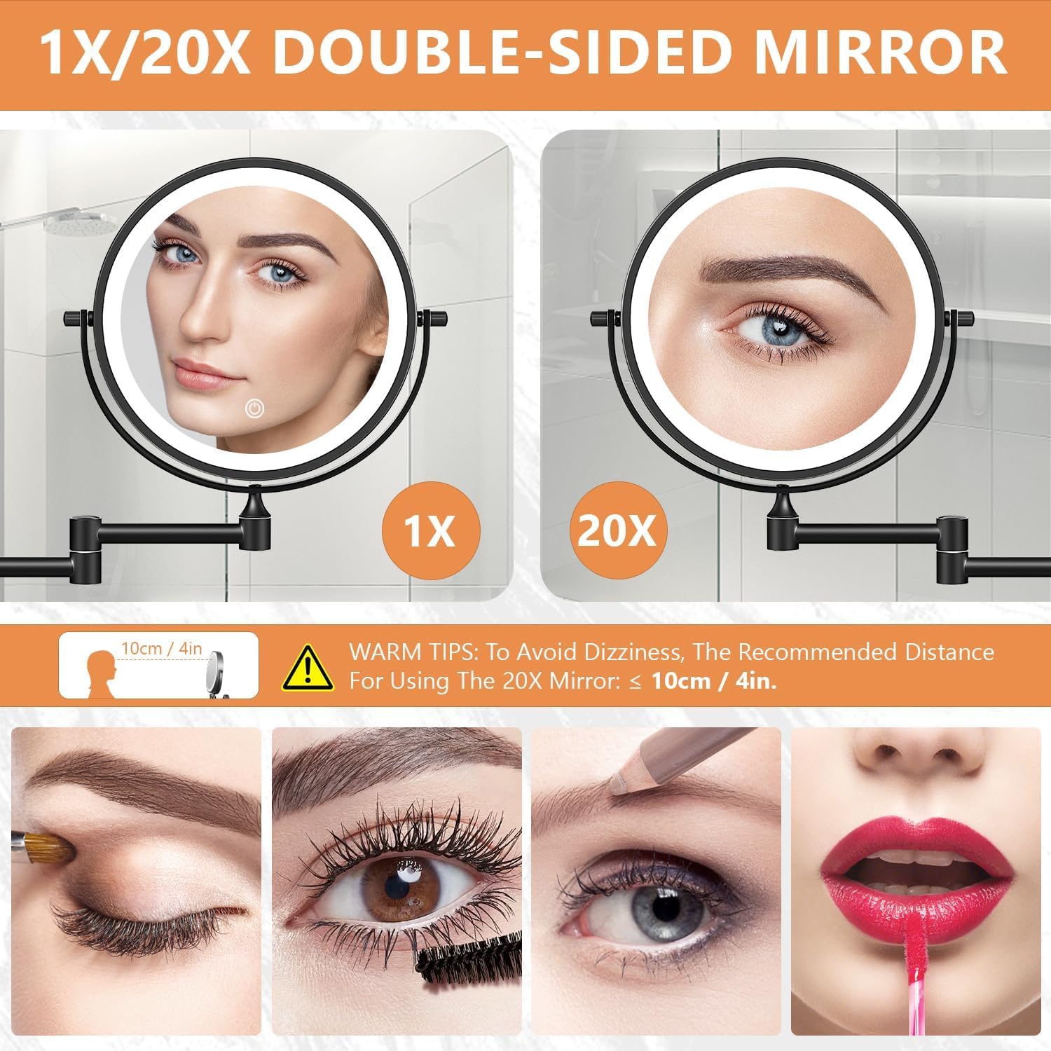 Auxmir - miroir mural maquillage 1x/20x - USB, pivotant, tactile, 3 couleurs