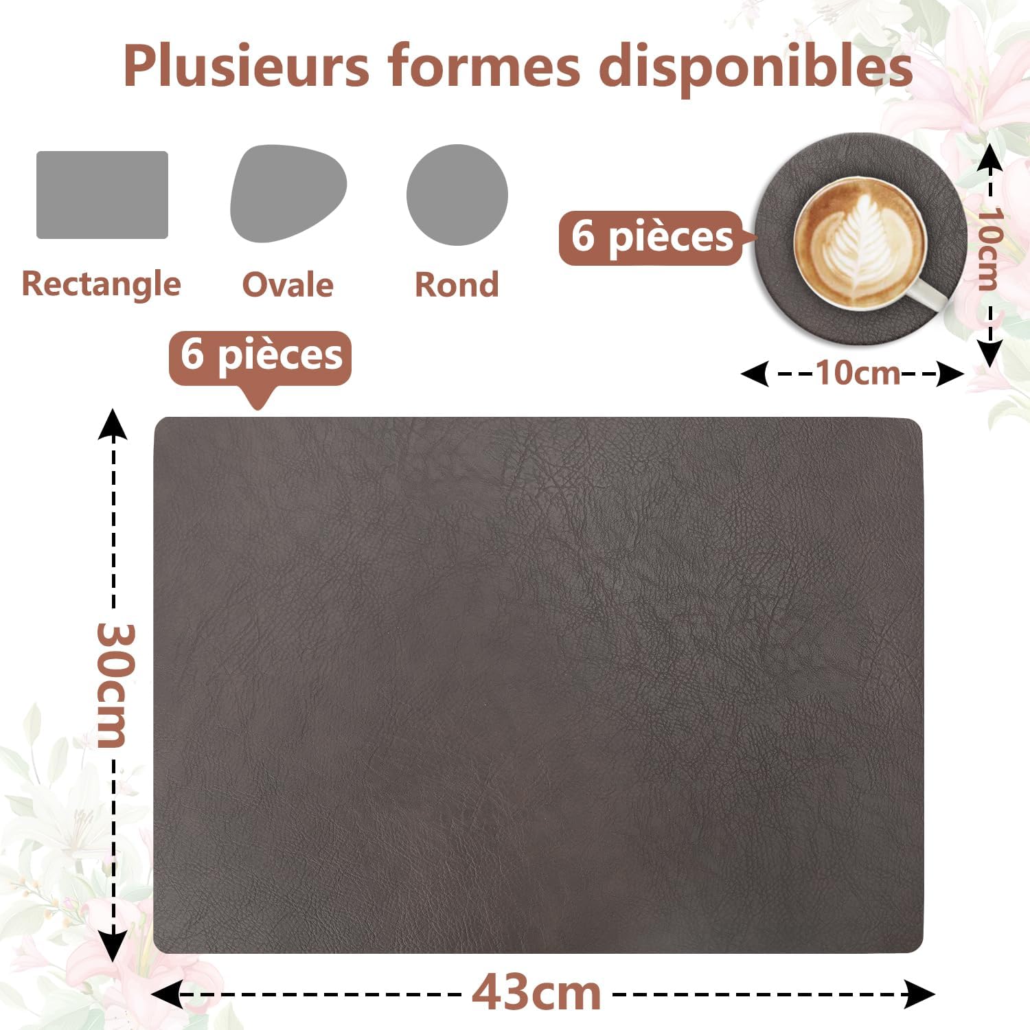 Sets de table - lot de 6, cuir PU double face, 43x30cm, lavables