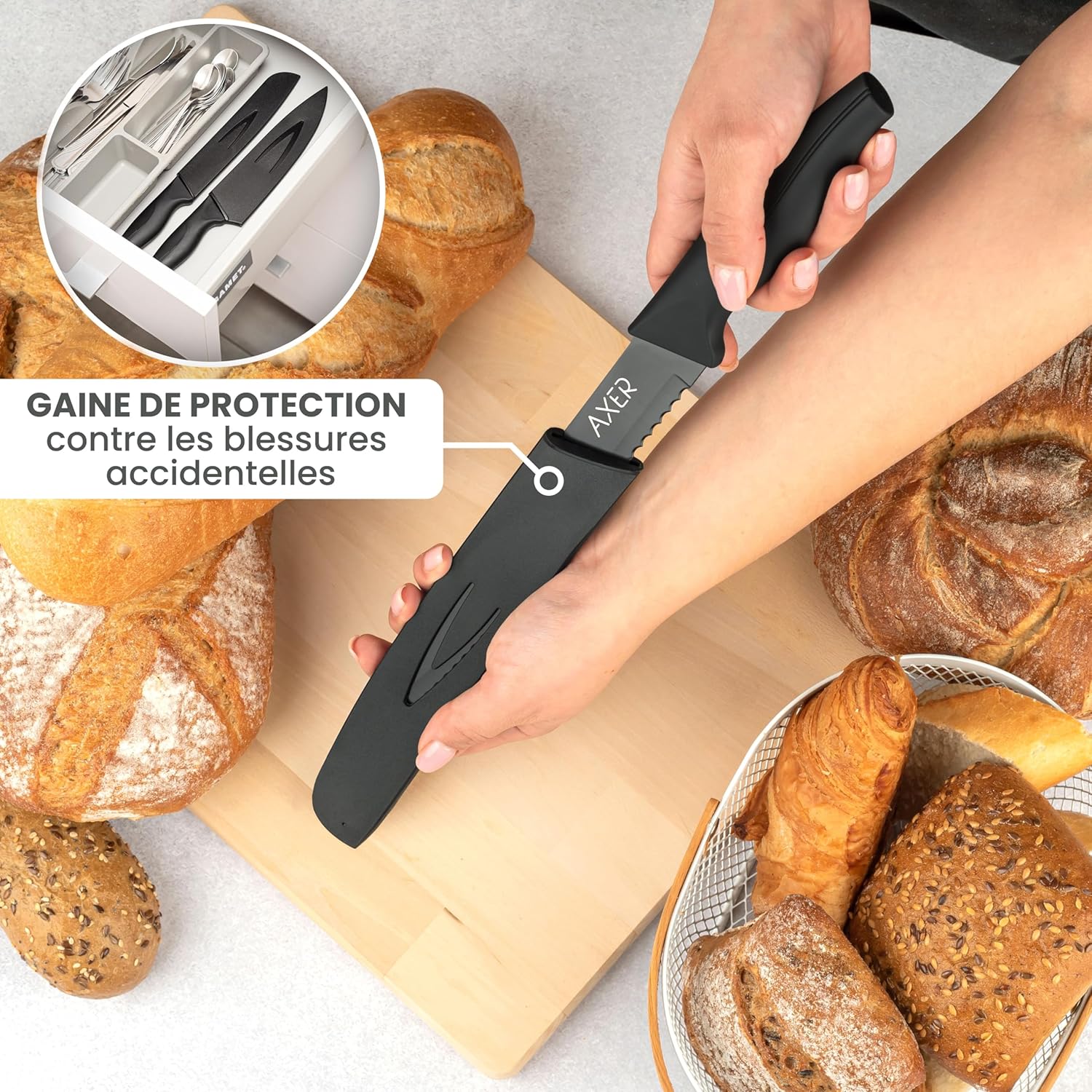 Couteau à pain - étui inclus, lame noire, boîte de rangement
