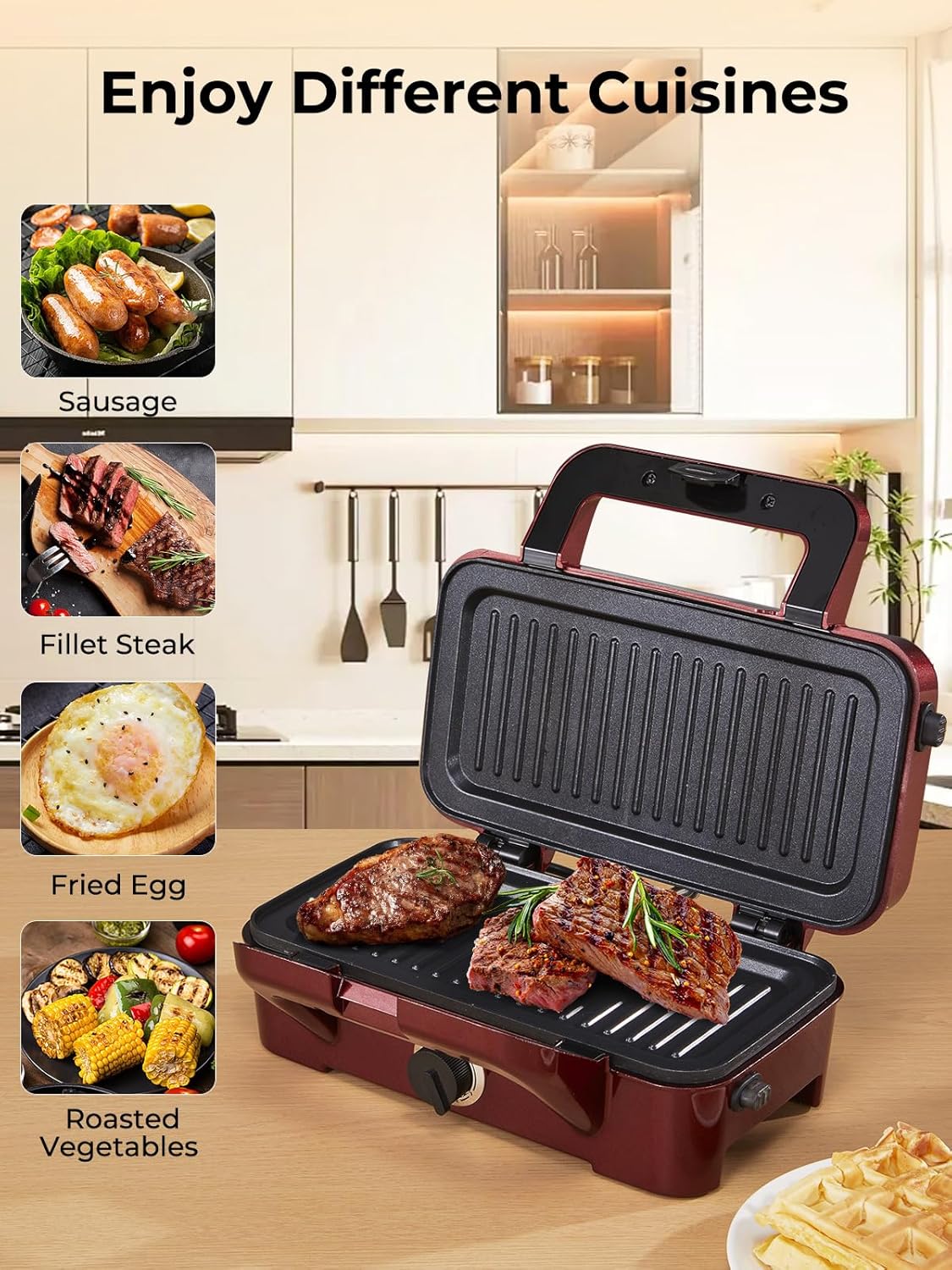 HOUSNAT - Gaufrier 3-en-1 - contrôle température, antiadhésif, rouge