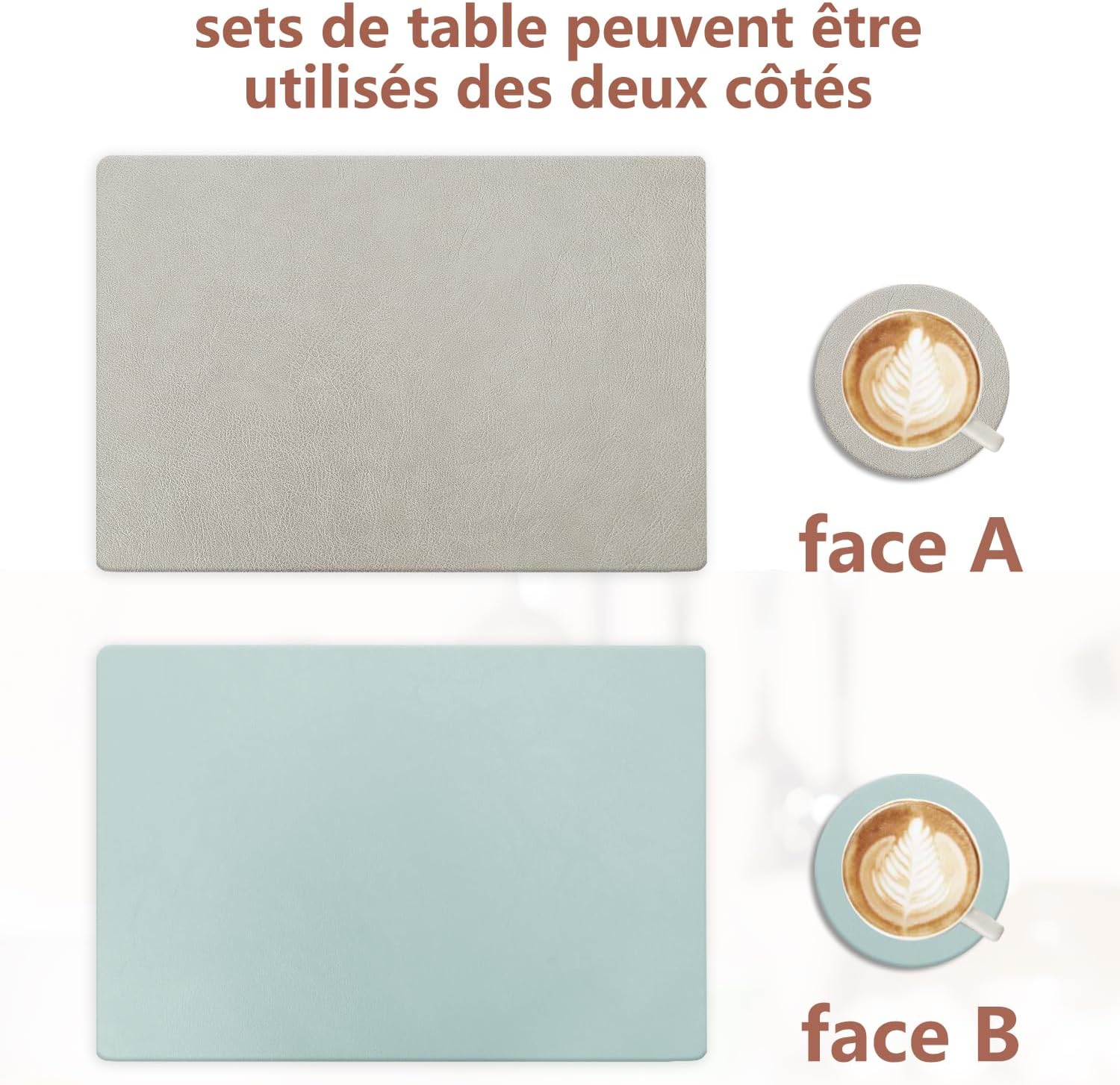 Set de table - lot de 4, cuir PU double face, 43x30cm, lavable, antidérapant