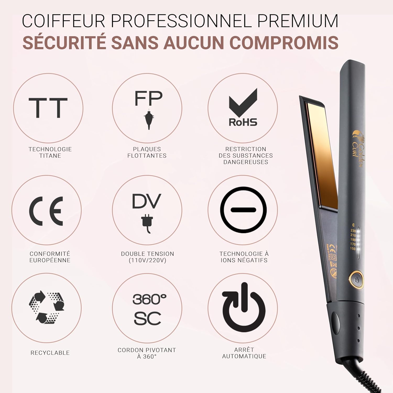 Golden Curl - Gold Control - lisseur/boucleur 2 en 1 - garantie 5 ans, température réglable