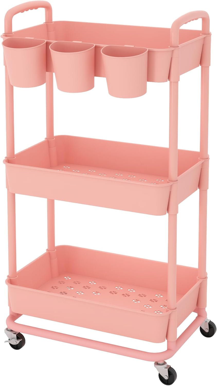 JIUYOTREE - chariot rangement 3 niveaux, roulettes, poignées, gobelets, 78x44x36 cm, rose