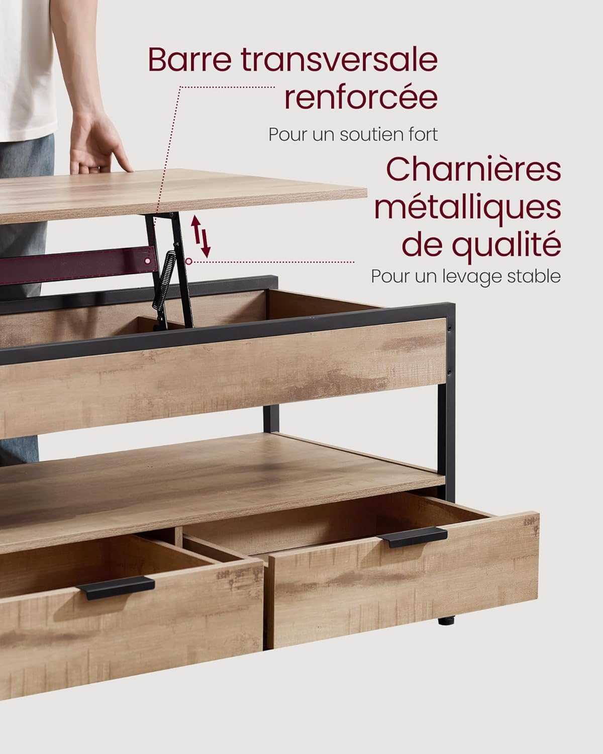 VASAGLE - table basse série LCT209K02 - espaces de rangement, plateau relevable, marron camel/ noir - LCT209K02