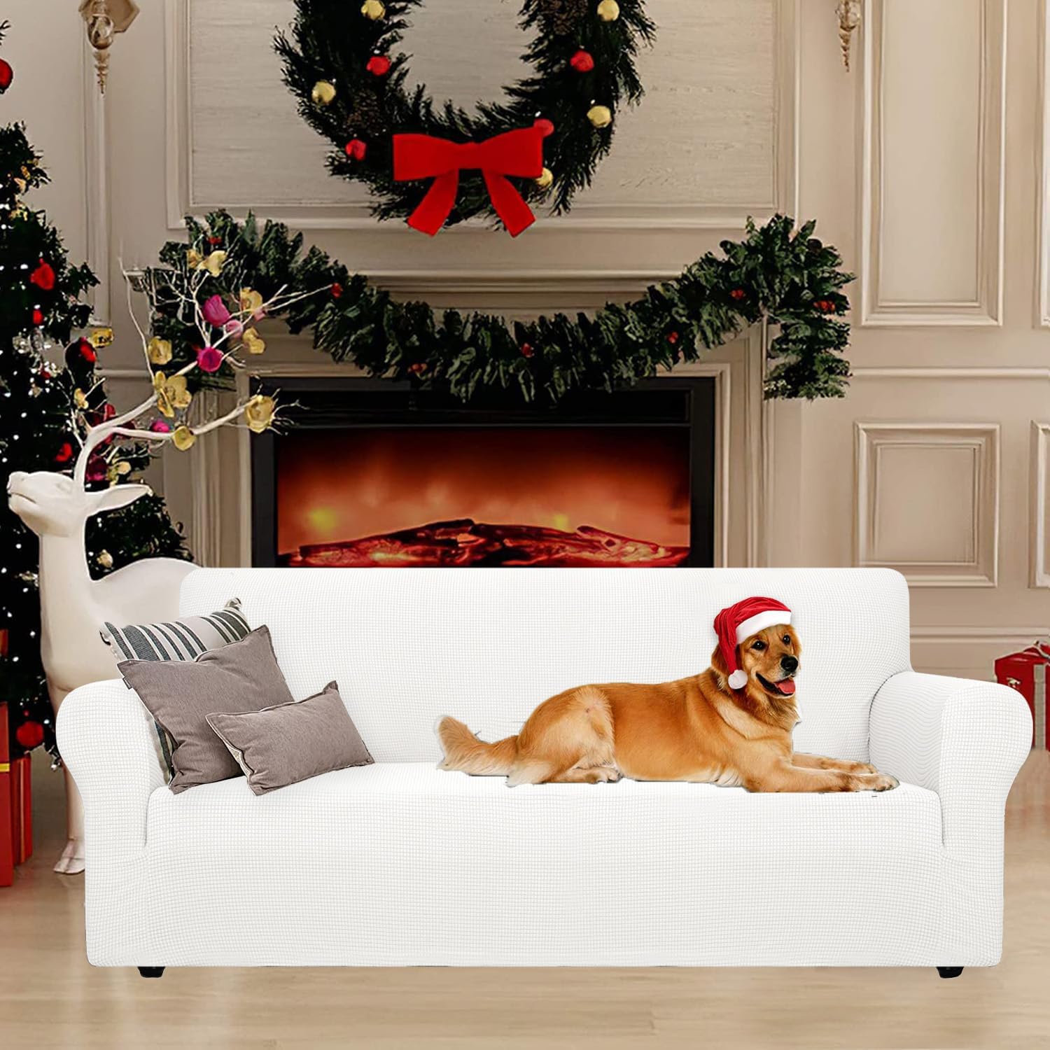 Housse canapé 2 places - extensible, lavable, antidérapante, blanc