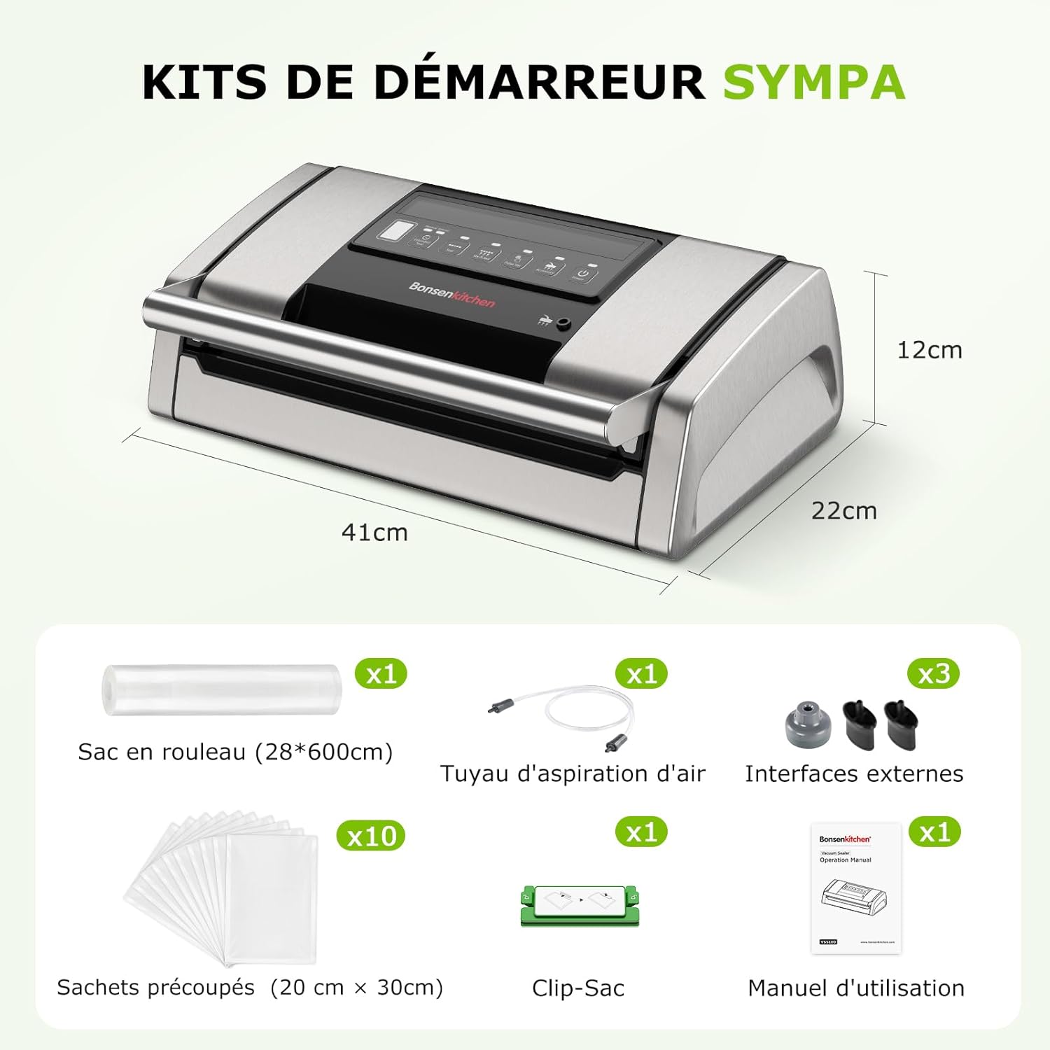 Bonsenkitchen - VS5100 - 15 L/min - Machine sous vide à clip, coupe-sac intégré