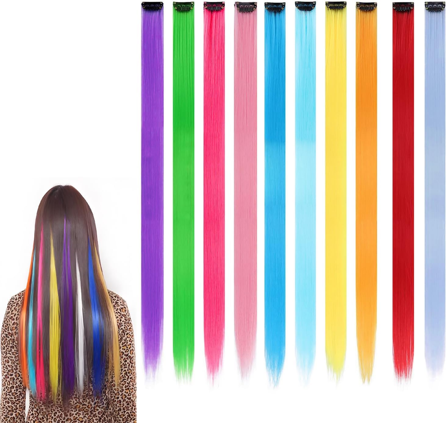 Extensions à clip cheveux - 22 pouces - mèches multicolores pour fêtes