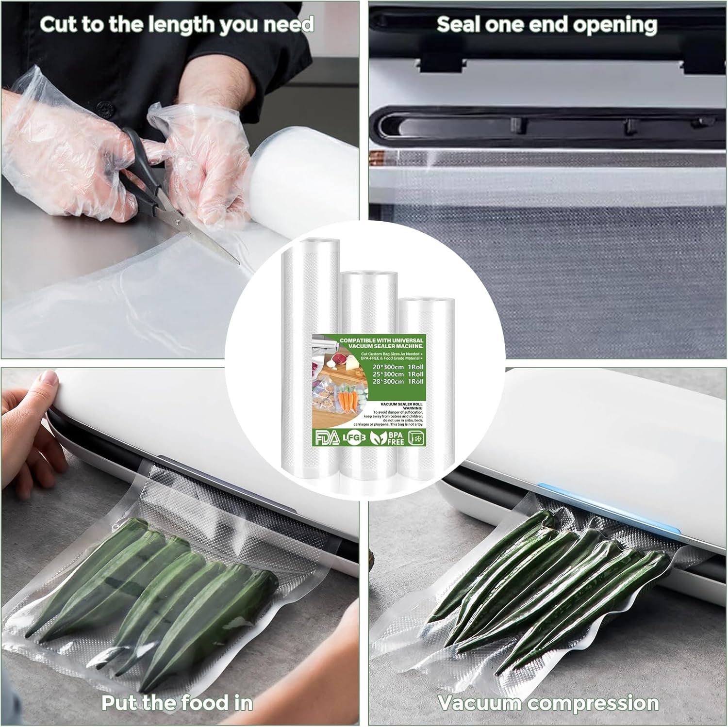 Rouleau sous vide alimentaire - 3 tailles 28/25/20x300cm, sans BPA, compatible toutes machines