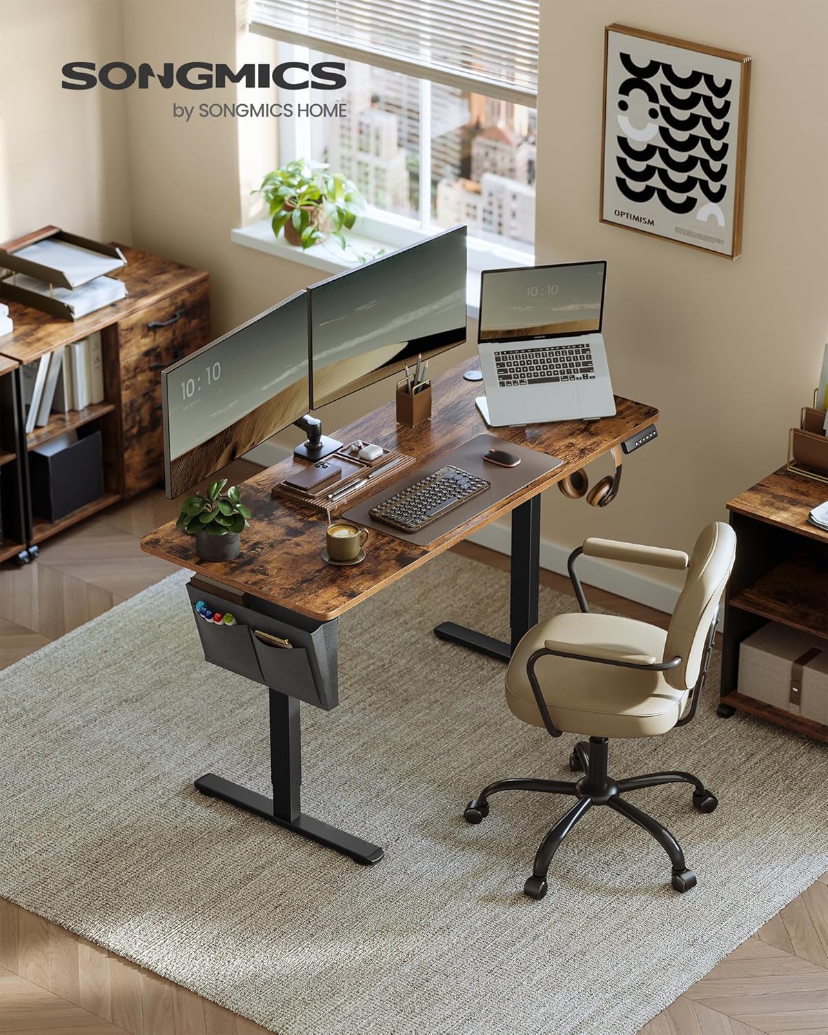 SONGMICS - bureau électrique réglable - 140x60 cm - mémoire 4 hauteurs, assis-debout, marron/noir - LSD134K01