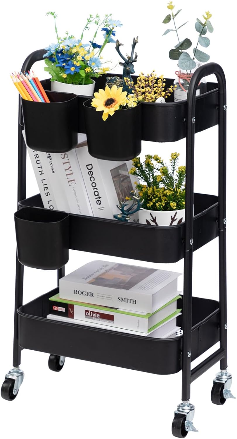 DOEWORKS - Chariot de rangement 3 niveaux, métal, roulettes, noir, avec tasses
