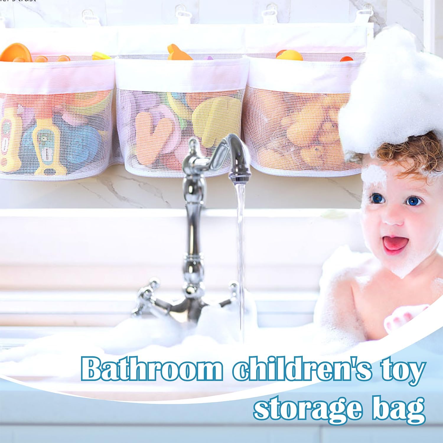 Filet de rangement jouets bain 3 compartiments, grande capacité, maille respirante, 4 crochets adhésifs
