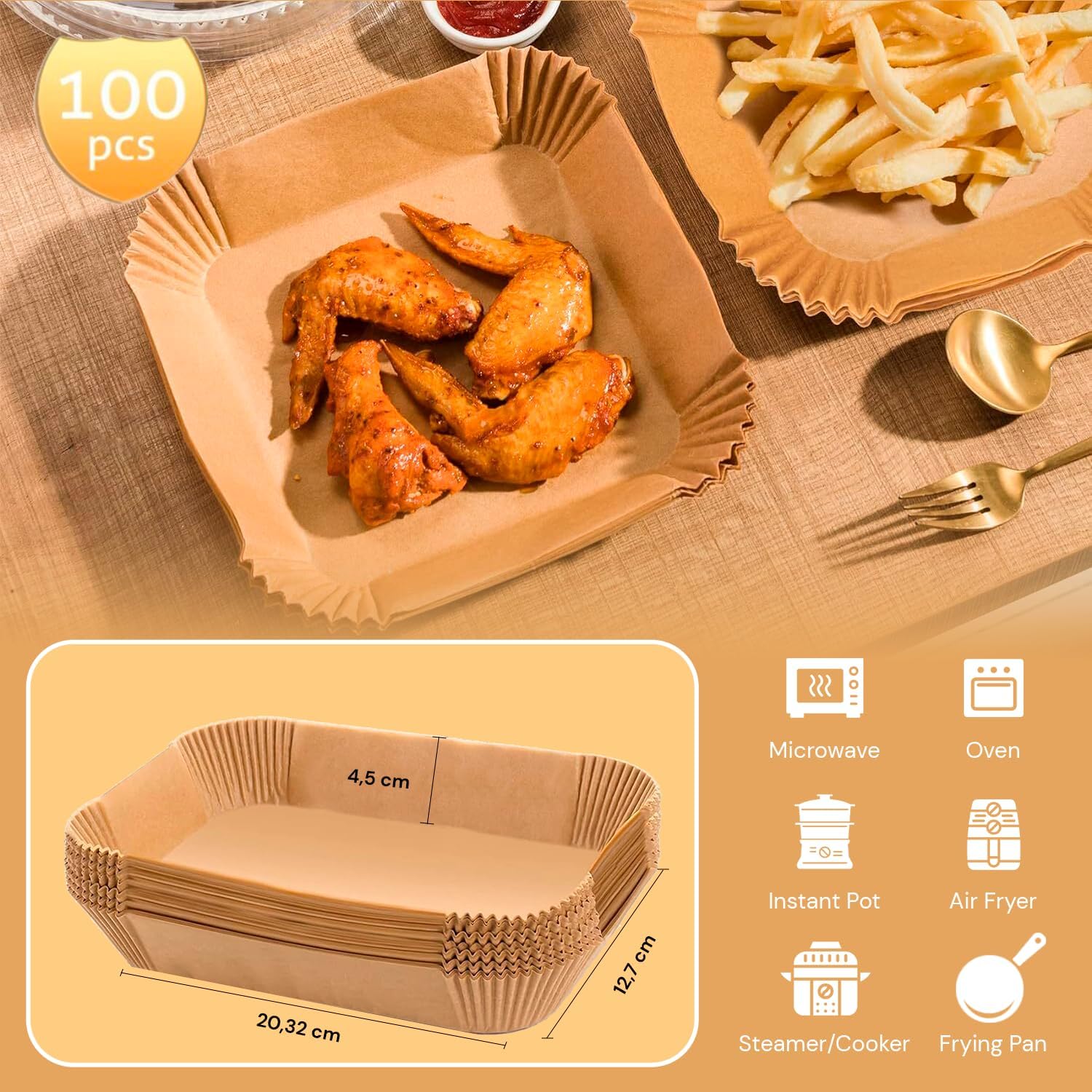edihome - papier cuisson air fryer - 22x14cm - 100 unités jetables, BPA free