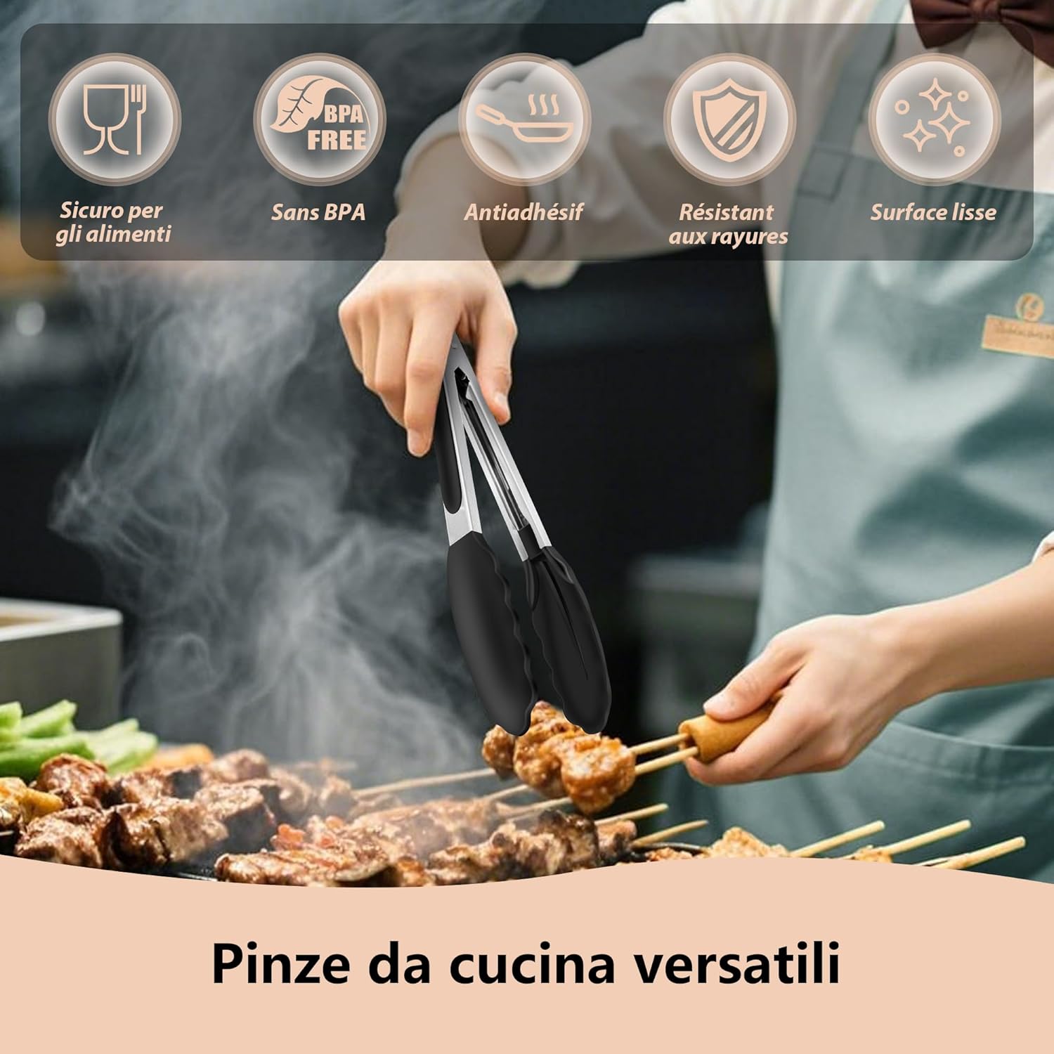 Pinces de cuisine inox/silicone, lot de 2, poignées antidérapantes, 26cm, résistant chaleur