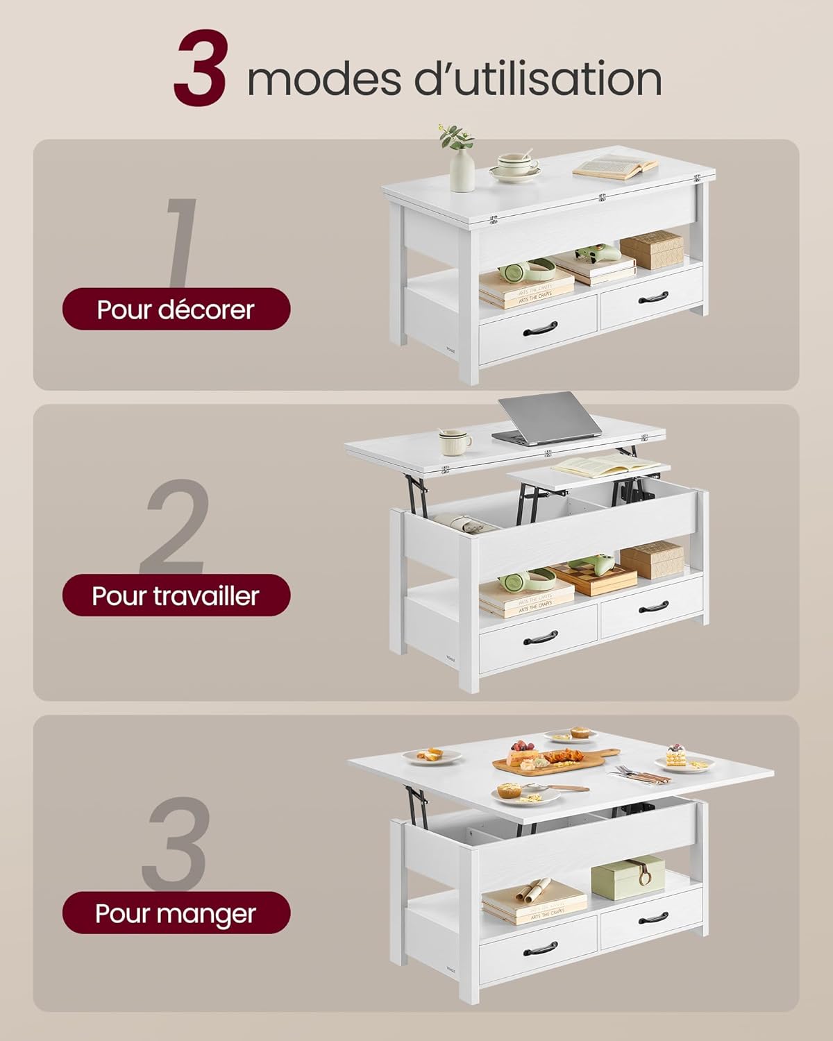 VASAGLE - Table basse relevable, 2 tiroirs, 3 compartiments, blanc, LCT254W02
