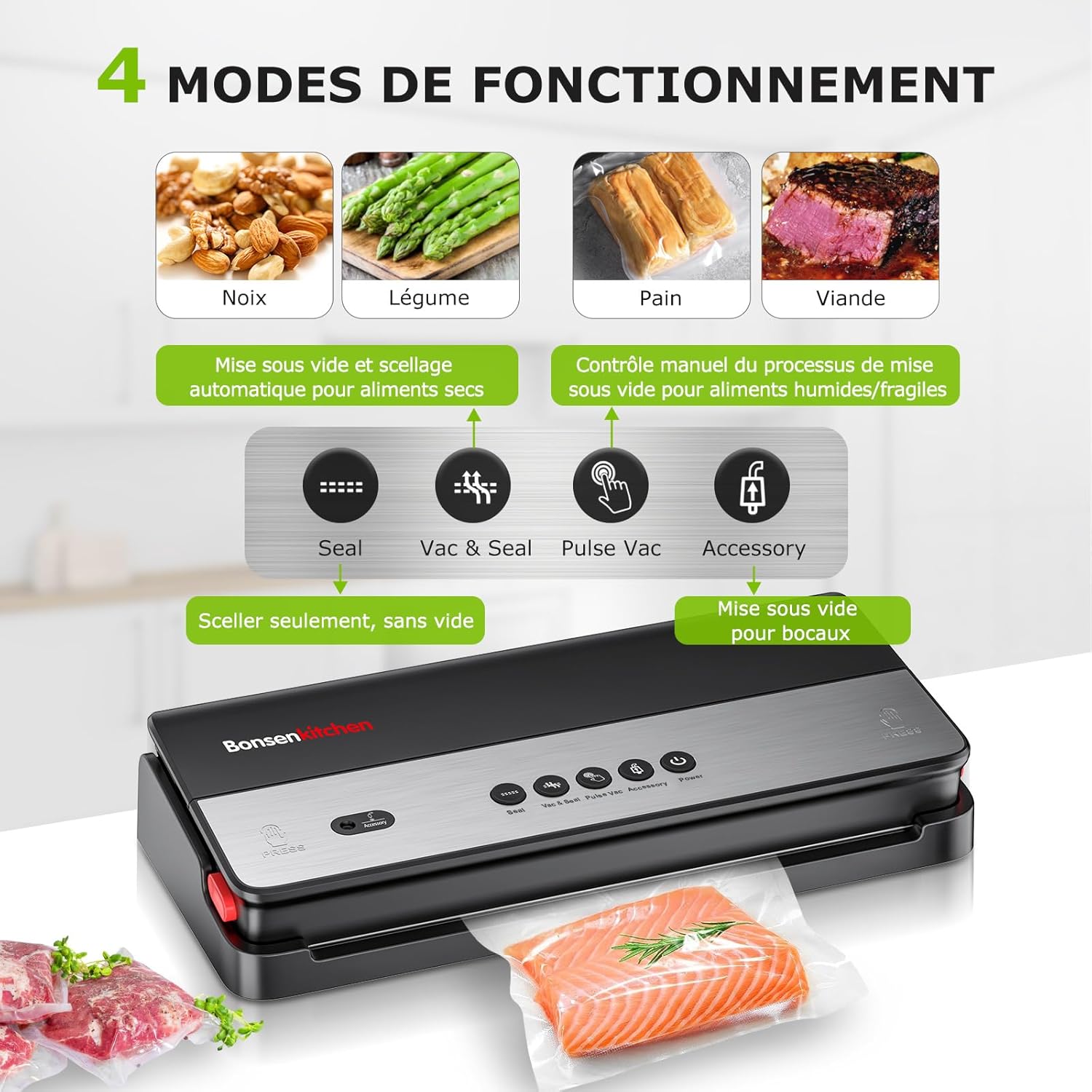 Bonsenkitchen - machine sous vide - cutter intégré, sacs inclus, pour aliments secs et humides