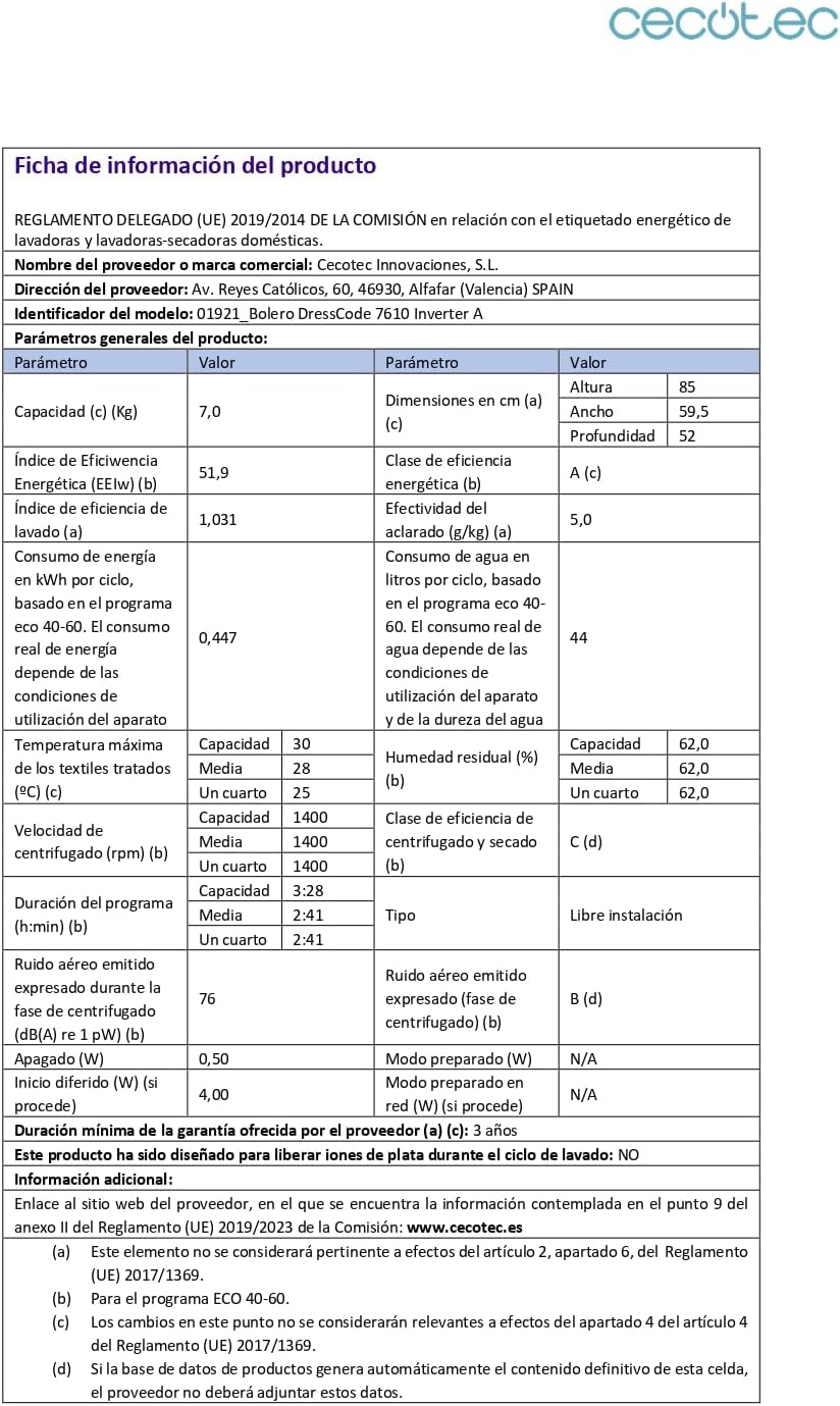 Cecotec - Bolero Dresscode (série 7610) - 7 kg, 1400 tr/min, Classe A, fonction vapeur, moteur Inverter Plus - 7610