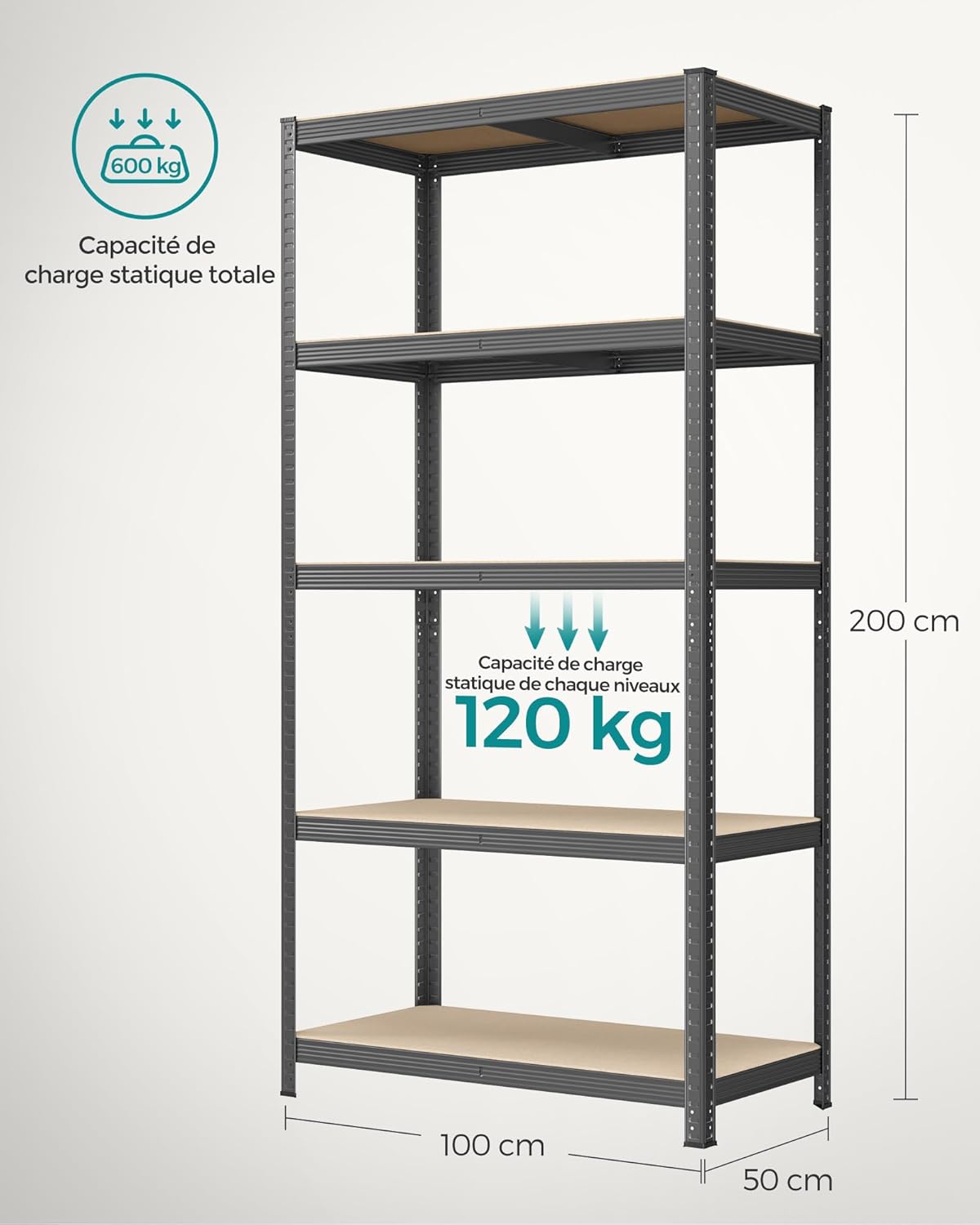 SONGMICS - étagère à 5 niveaux - 50x100x200cm - 600kg, planches réglables, style industriel - GLR050G02