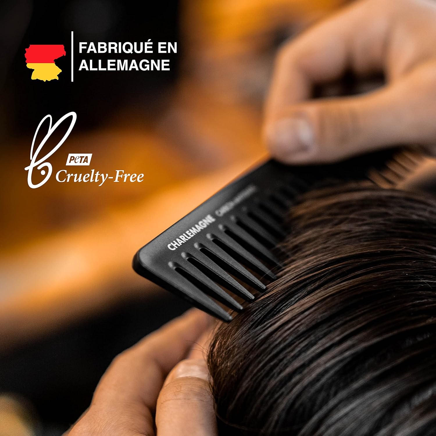 Peigne cheveux avec dents larges de Charlemagne - En carbone premium pour cheveux et barbe - Résistant et antistatique - 19cm - Pour hommes