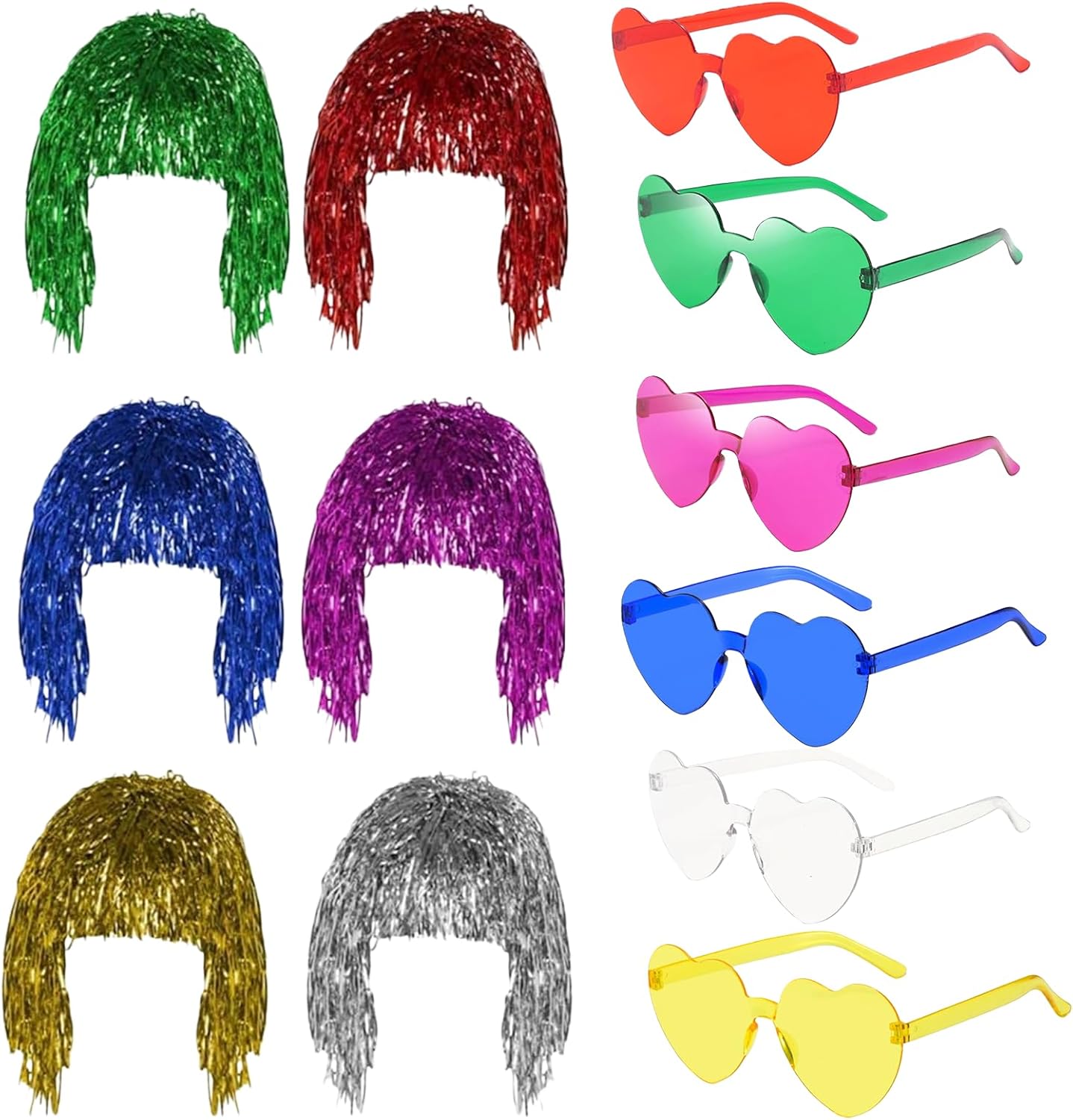 Perruque métallique - 6pcs brillantes - accessoires fête colorés - lunettes néon incluses