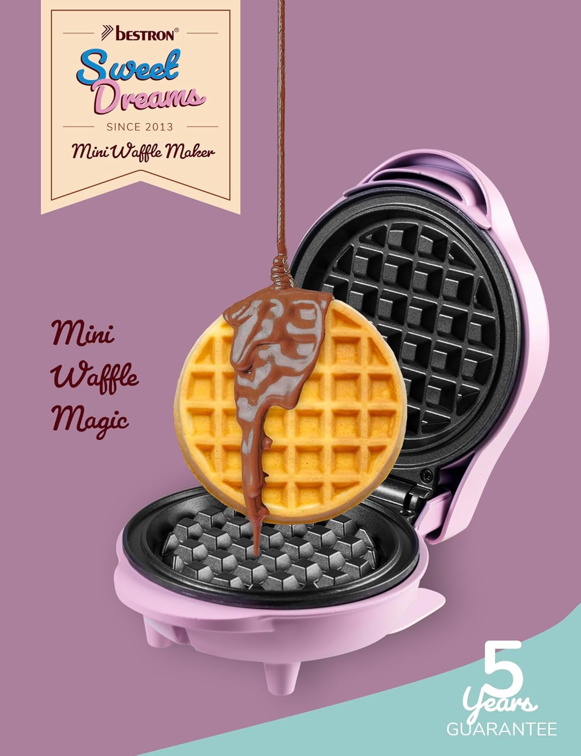 Bestron - mini gaufrier rétro rose mat - compact - revêtement antiadhésif