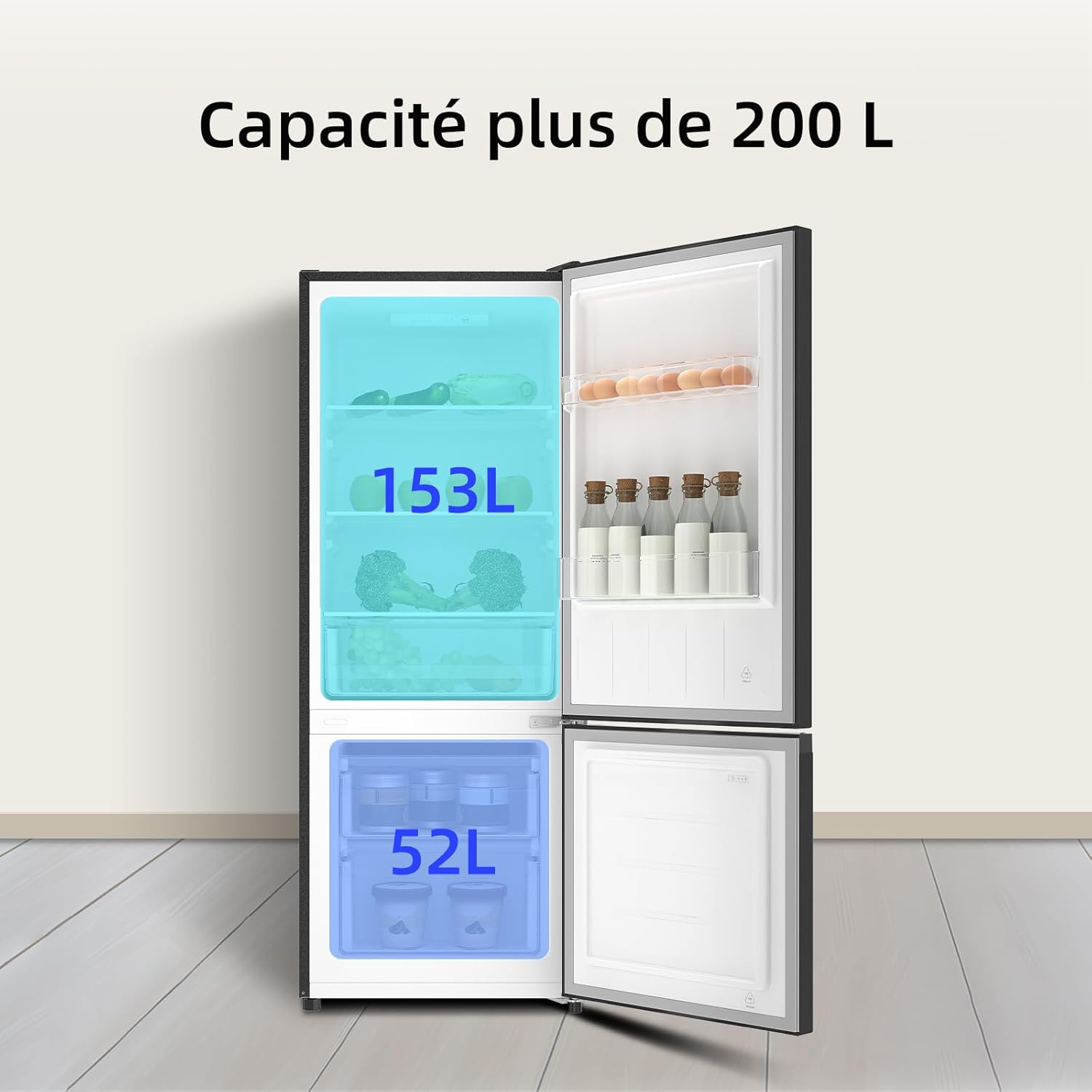 CHIQ - réfrigérateur congélateur 205L, classe E, acier noir, portes réversibles, FBM205L42