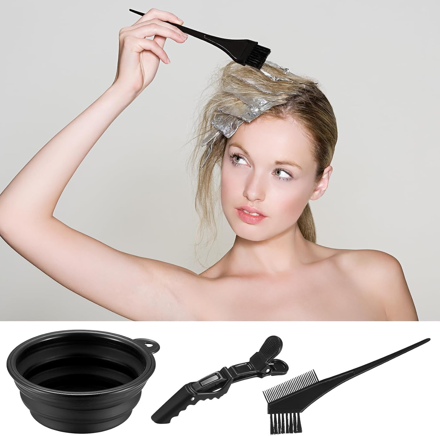 Ensemble coloration cheveux - 9 pièces - bol, pinceaux, gants, pinces