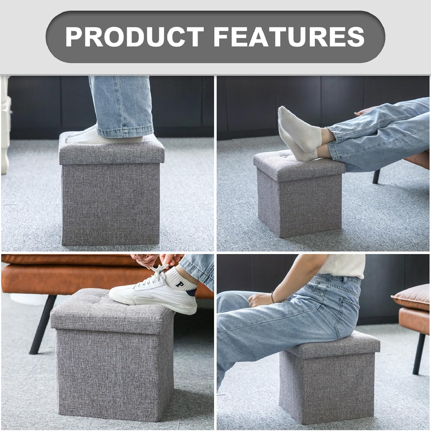 Oak & Tea - pouf coffre pliant 30x30x30cm, rangement, couvercle amovible