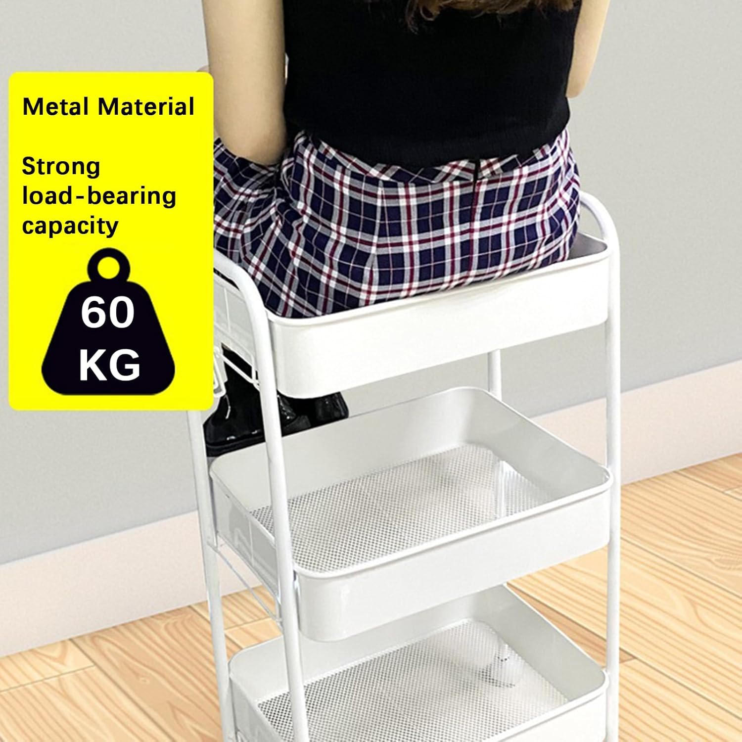 Chariot de rangement - 3 niveaux, métal, crochets, tasses inclus, cuisine/bureau - 60x40x30cm