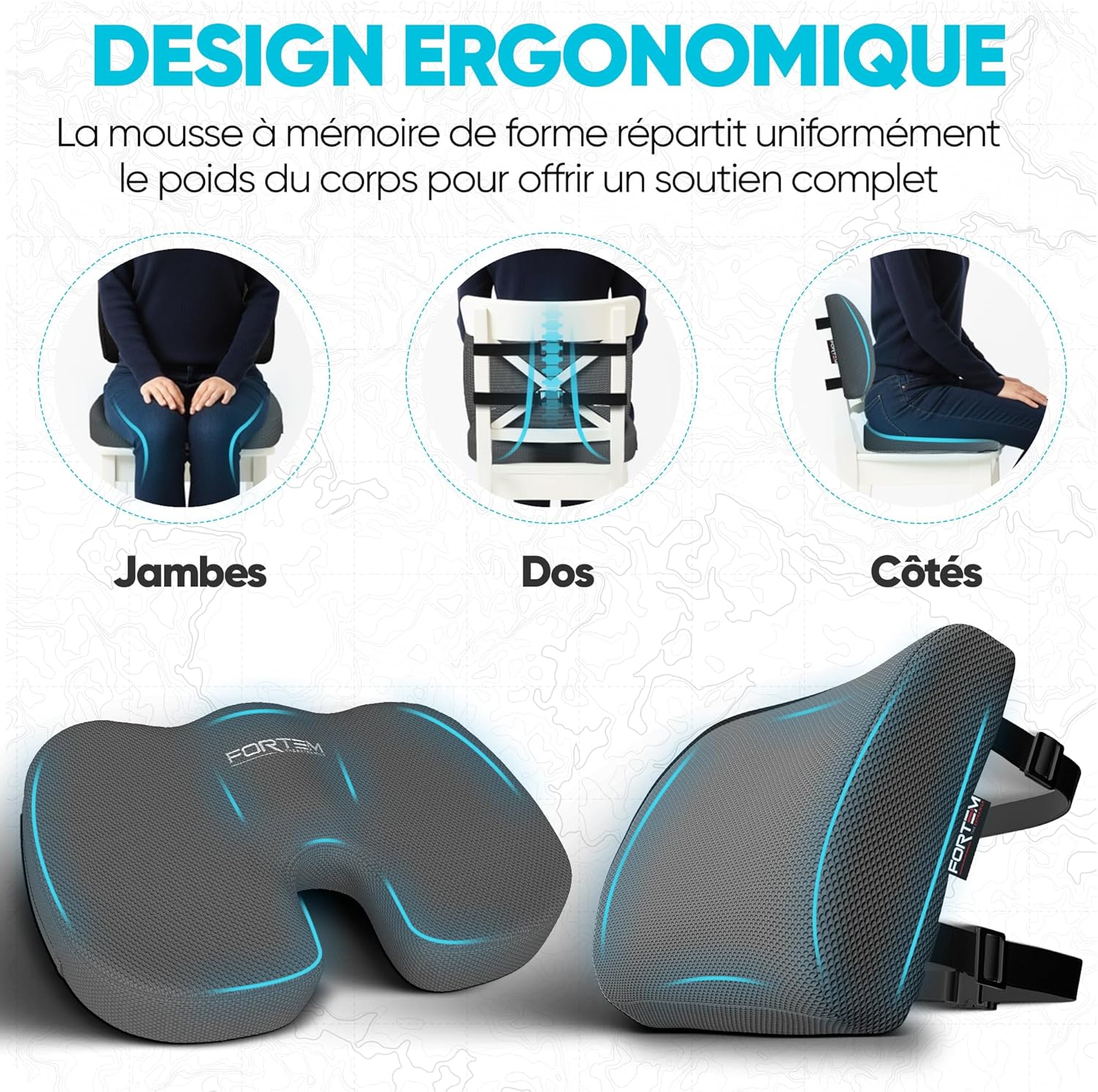 FORTEM - Coussin lombaire/assise, mousse mémoire, antidérapant, confort dos, chaise et auto