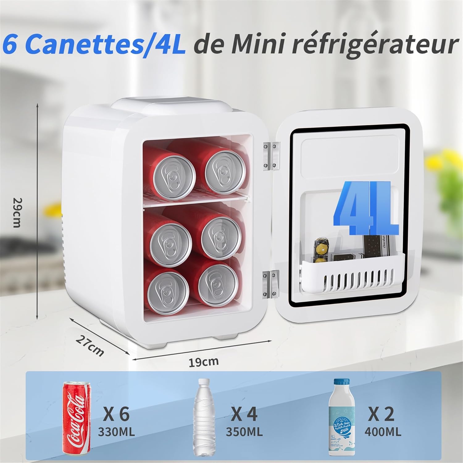 YASHE - Mini Frigo 4L - compact, 6 canettes, portable, blanc