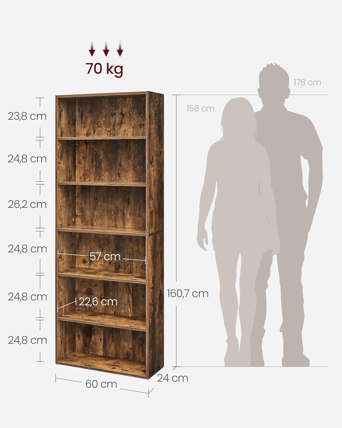 VASAGLE - étagère bibliothèque 6 niveaux 24x60x160,7cm bois ouvrant LBC166X01